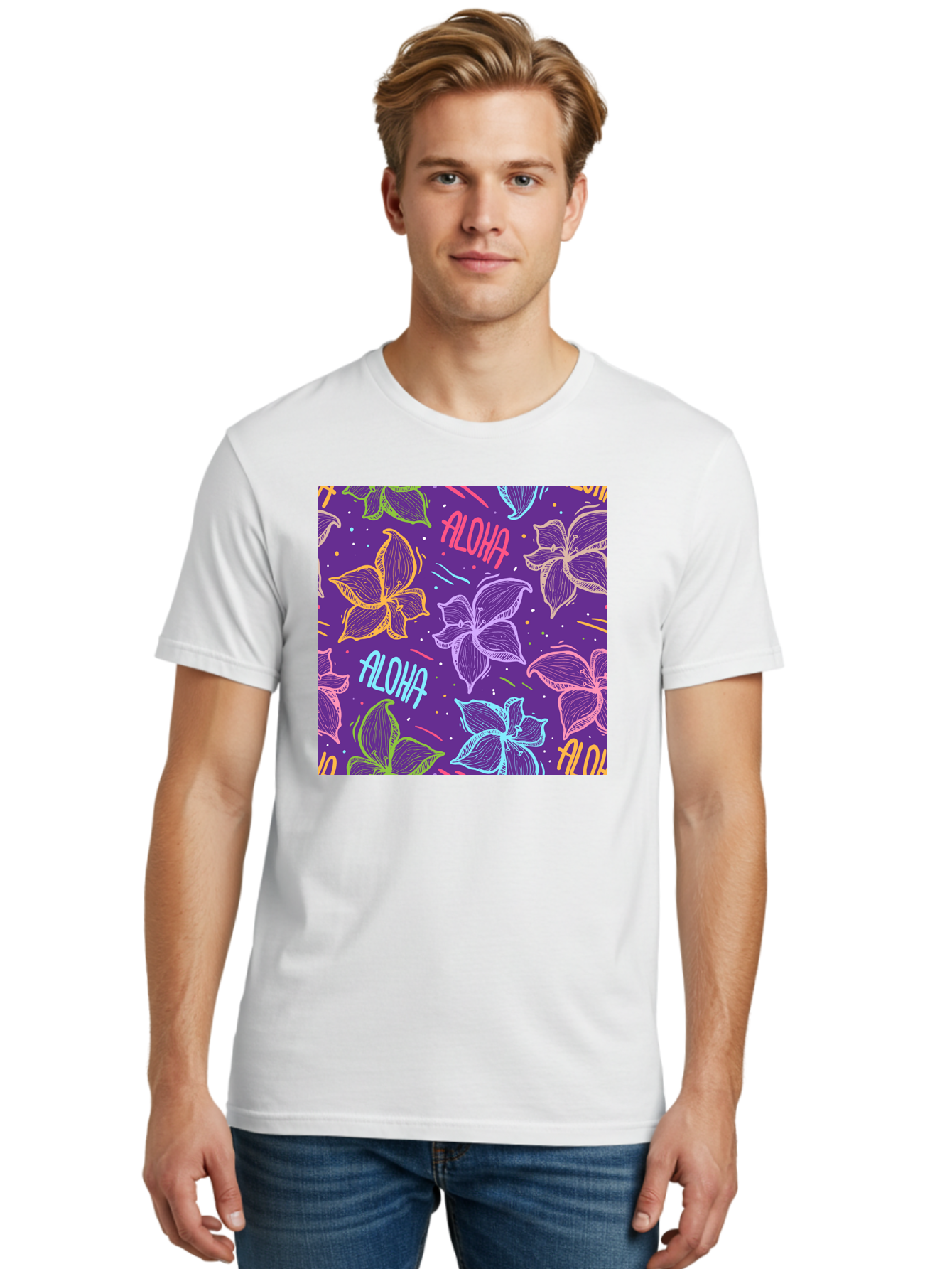 Aloha-Plumeria-Floral Men'S Graphic Tee, 100% Cotton, Comfortable Casual Summer Wear, Machine Washable, Plumeria Flowers, Tropical Flowers, Aloha Text, Colorful Graphics, Festive Design, Hawaiian Theme, Vibrant Colors, Playful Pattern, Aac376