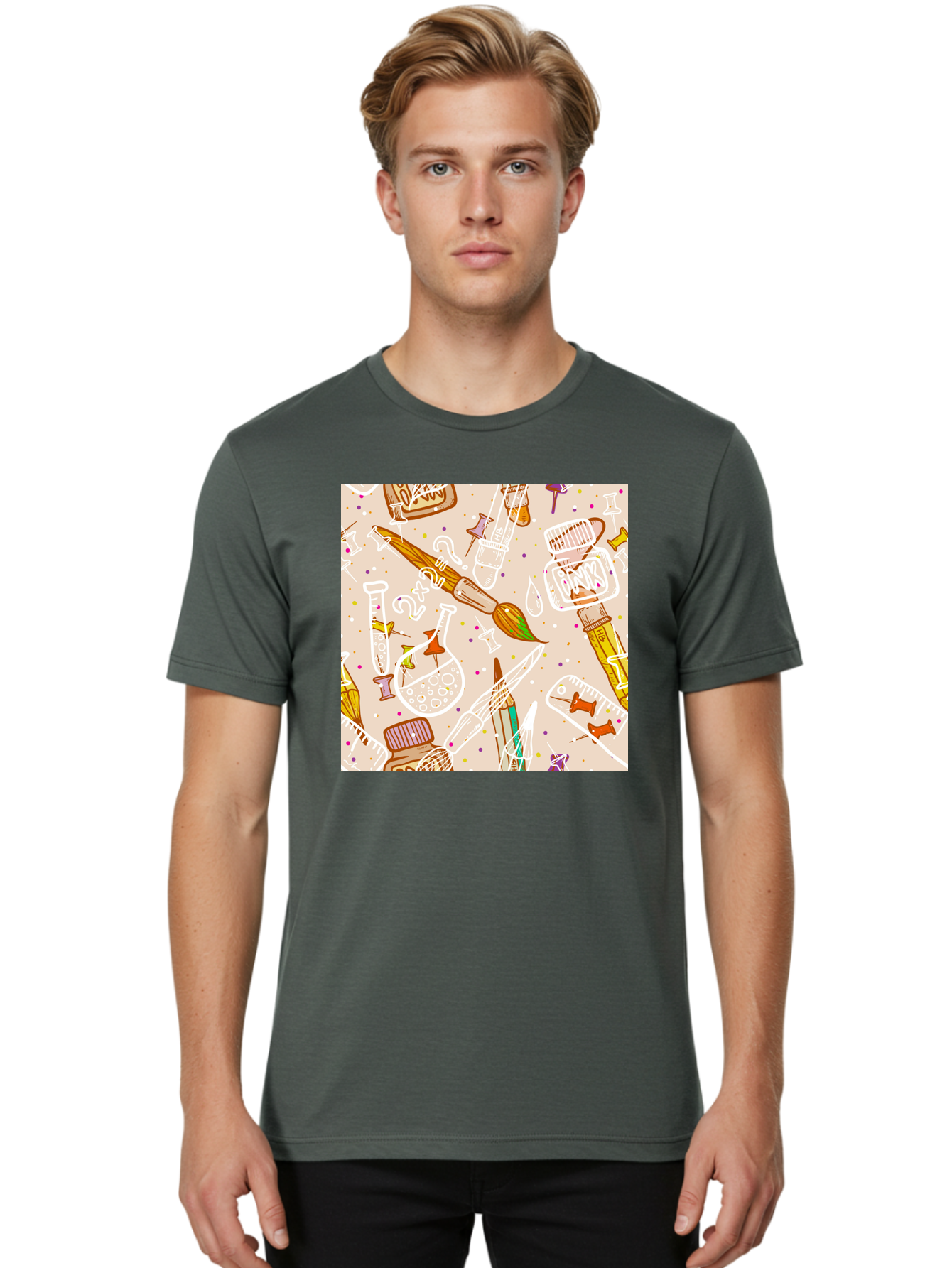 Art-And-Science Men'S Graphic Tee, 100% Cotton, Comfortable Casual Summer Wear, Machine Washable, Science And Art Supplies, Beakers, Test Tubes, Paintbrushes, Pencils, Creative Tools, Artistic Expression, Scientific Experimentation, Aac378