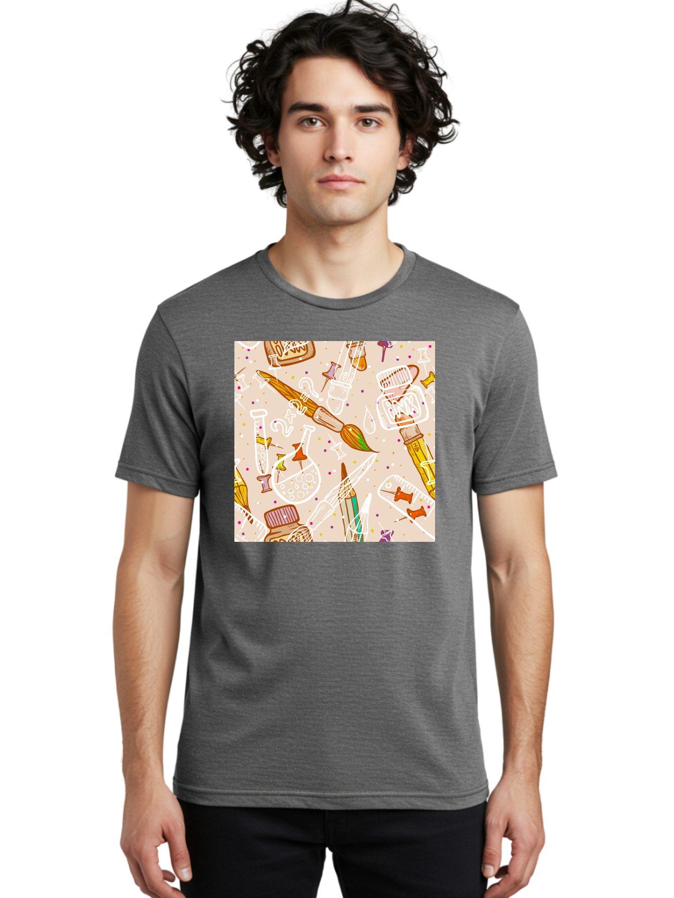 Art-And-Science Men'S Graphic Tee, 100% Cotton, Comfortable Casual Summer Wear, Machine Washable, Science And Art Supplies, Beakers, Test Tubes, Paintbrushes, Pencils, Creative Tools, Artistic Expression, Scientific Experimentation, Aac378