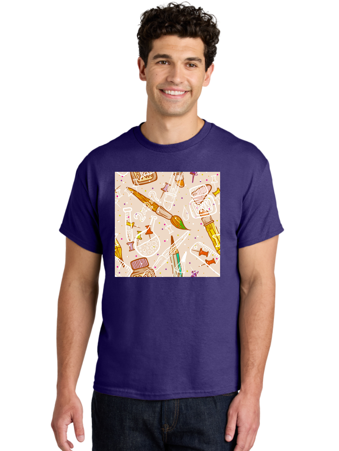 Art-And-Science Men'S Graphic Tee, 100% Cotton, Comfortable Casual Summer Wear, Machine Washable, Science And Art Supplies, Beakers, Test Tubes, Paintbrushes, Pencils, Creative Tools, Artistic Expression, Scientific Experimentation, Aac378