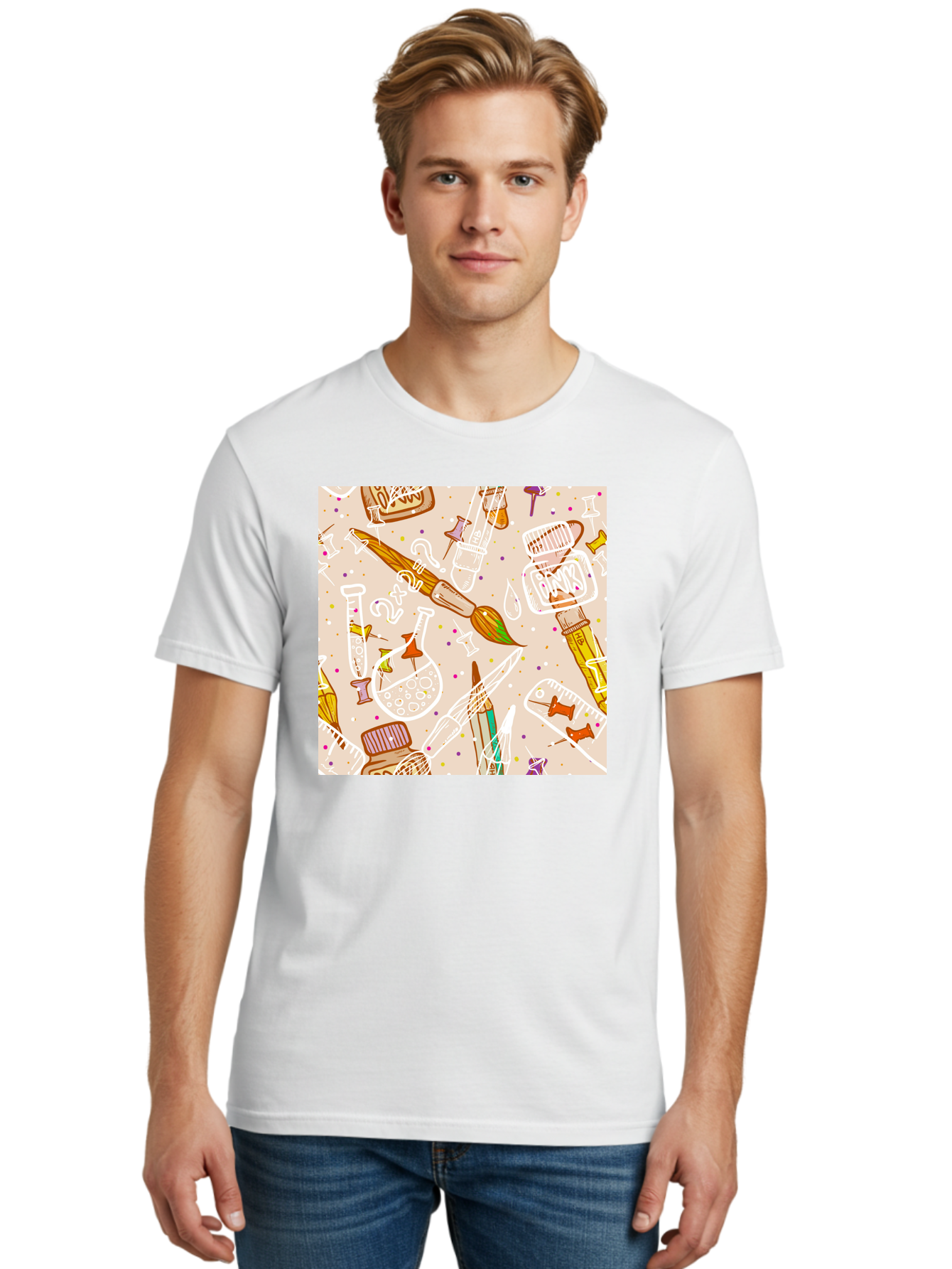 Art-And-Science Men'S Graphic Tee, 100% Cotton, Comfortable Casual Summer Wear, Machine Washable, Science And Art Supplies, Beakers, Test Tubes, Paintbrushes, Pencils, Creative Tools, Artistic Expression, Scientific Experimentation, Aac378