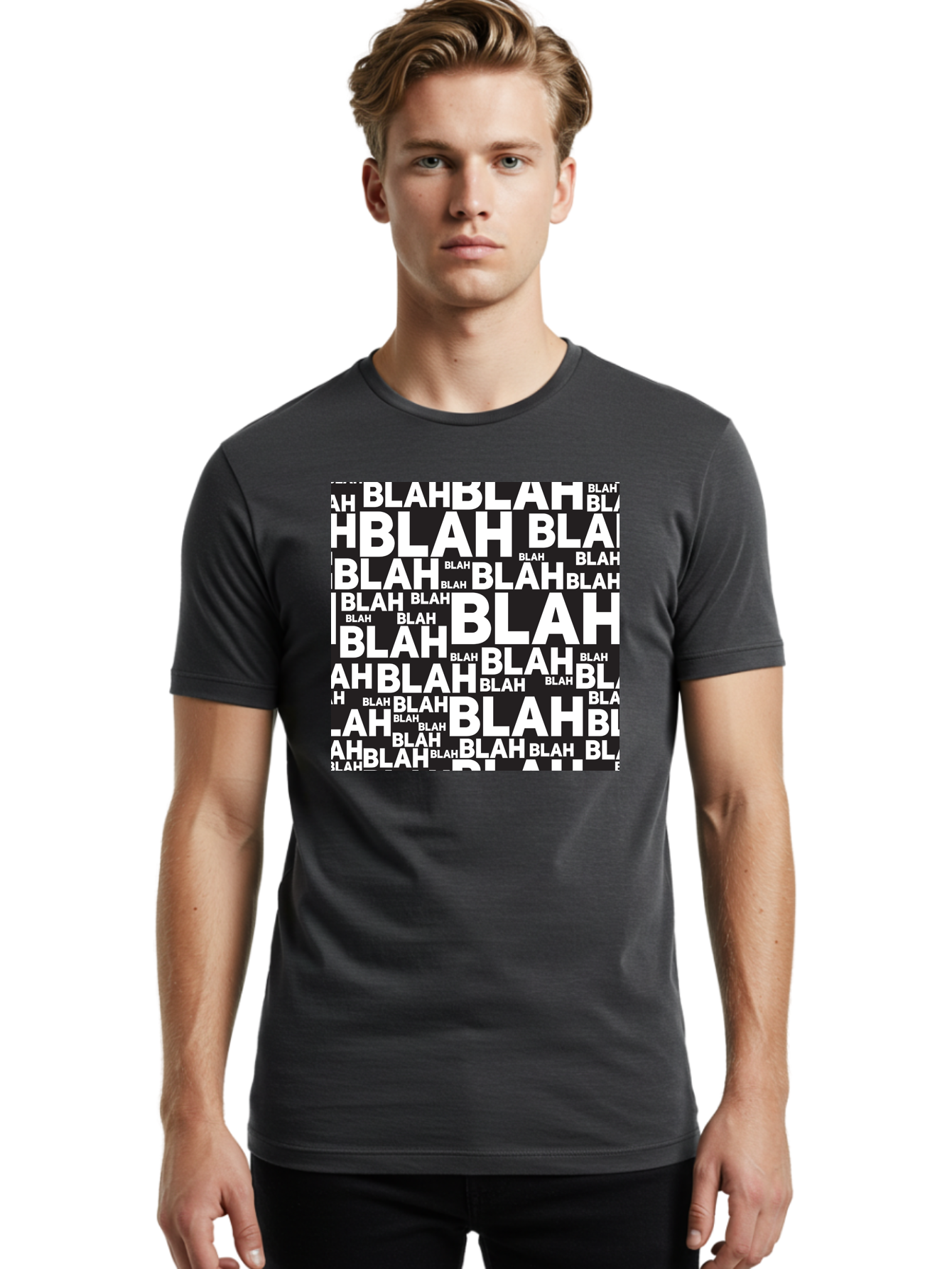 Blah Men'S Graphic Tee, 100% Cotton, Comfortable Casual Summer Wear, Machine Washable, Repetitive Text, Blah Blah, White Font, Black Background, Meaningless Words, Corporate Jargon, Office Chatter, Meaningless Speech, Empty Talk, Aac379