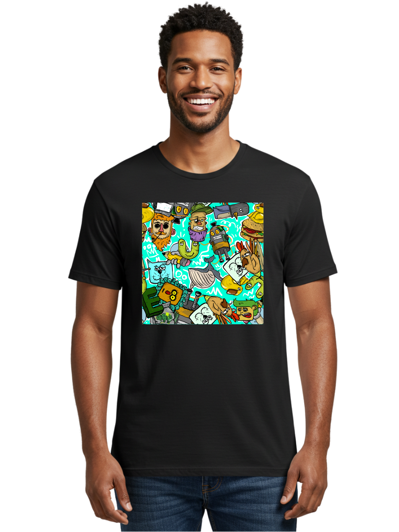 Cartoon-Characters Men'S Graphic Tee, 100% Cotton, Comfortable Casual Summer Wear, Machine Washable, Cartoon Robots, Doodle Art, Animal Characters, Quirky Illustrations, Robots And Animals Together, Digital Art, Eclectic, Creative, Aac380
