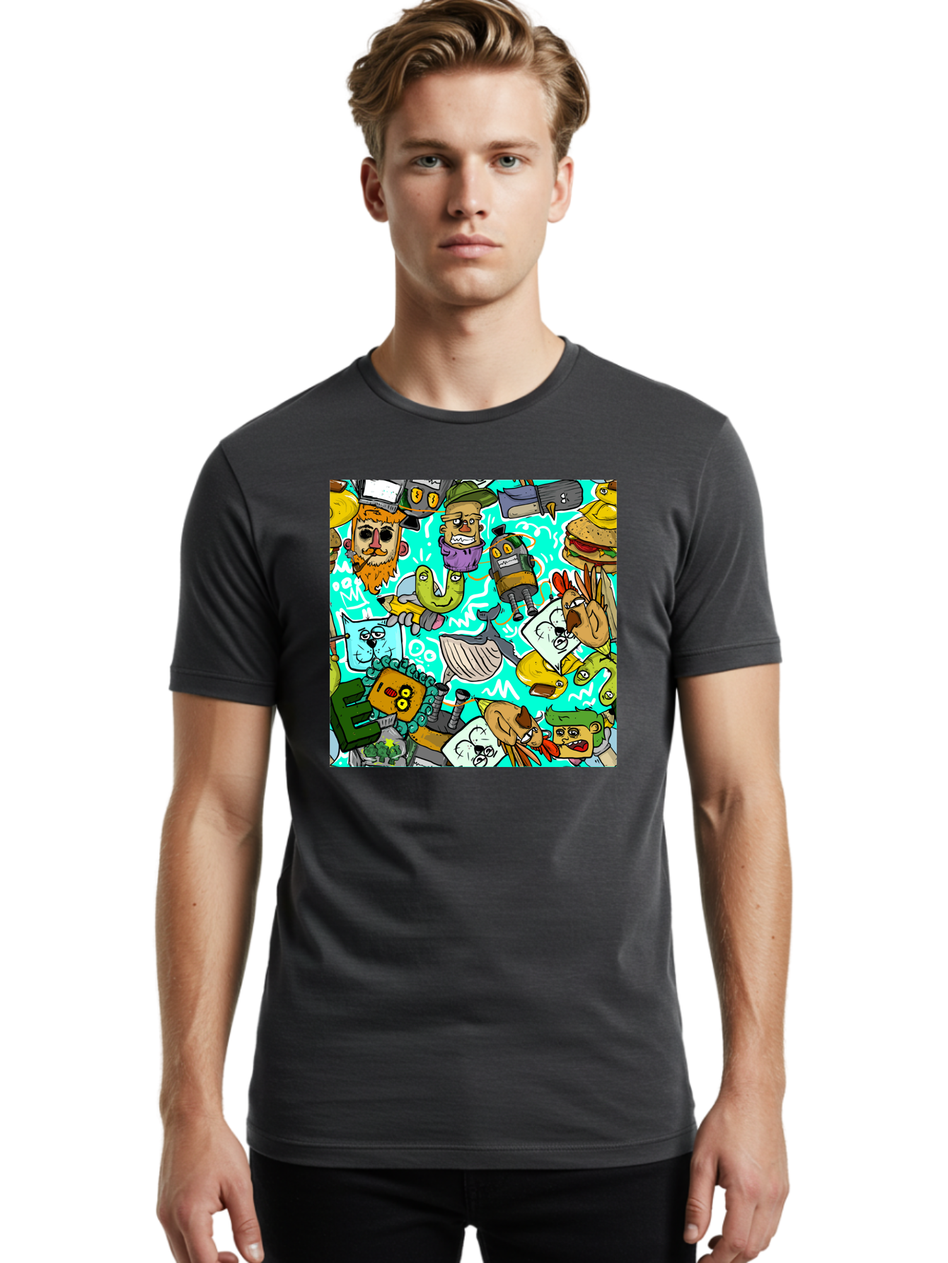 Cartoon-Characters Men'S Graphic Tee, 100% Cotton, Comfortable Casual Summer Wear, Machine Washable, Cartoon Robots, Doodle Art, Animal Characters, Quirky Illustrations, Robots And Animals Together, Digital Art, Eclectic, Creative, Aac380