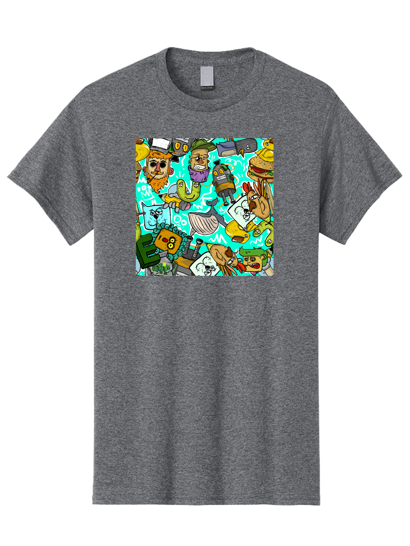 Cartoon-Characters Men'S Graphic Tee, 100% Cotton, Comfortable Casual Summer Wear, Machine Washable, Cartoon Robots, Doodle Art, Animal Characters, Quirky Illustrations, Robots And Animals Together, Digital Art, Eclectic, Creative, Aac380
