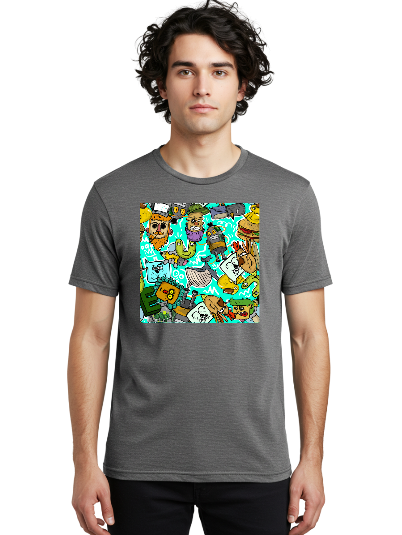 Cartoon-Characters Men'S Graphic Tee, 100% Cotton, Comfortable Casual Summer Wear, Machine Washable, Cartoon Robots, Doodle Art, Animal Characters, Quirky Illustrations, Robots And Animals Together, Digital Art, Eclectic, Creative, Aac380