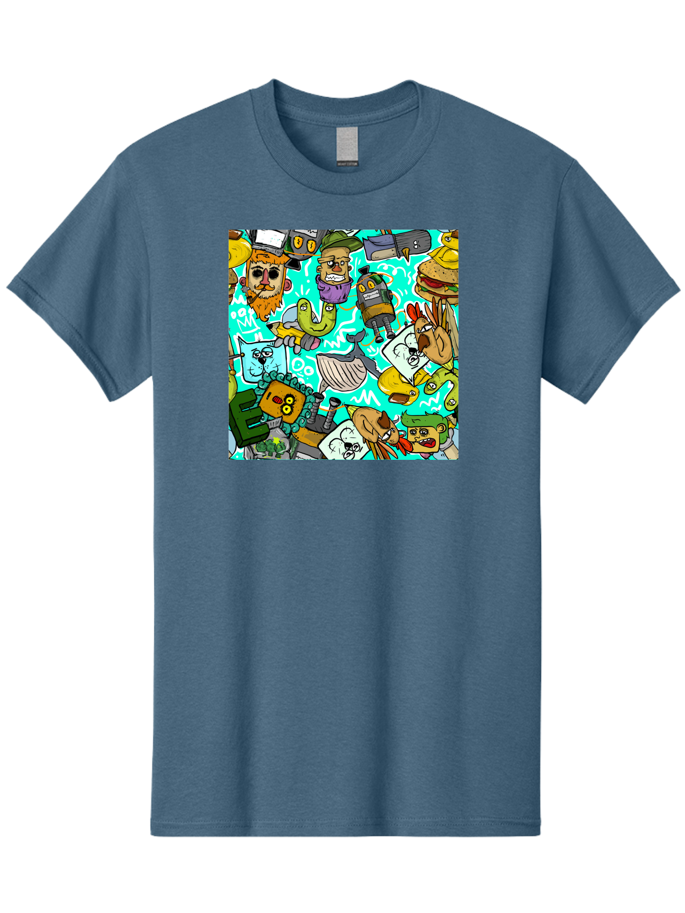 Cartoon-Characters Men'S Graphic Tee, 100% Cotton, Comfortable Casual Summer Wear, Machine Washable, Cartoon Robots, Doodle Art, Animal Characters, Quirky Illustrations, Robots And Animals Together, Digital Art, Eclectic, Creative, Aac380