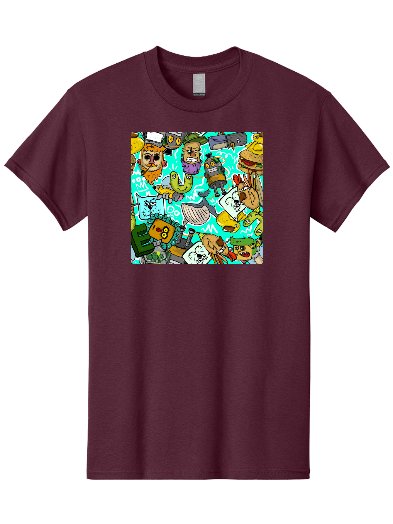 Cartoon-Characters Men'S Graphic Tee, 100% Cotton, Comfortable Casual Summer Wear, Machine Washable, Cartoon Robots, Doodle Art, Animal Characters, Quirky Illustrations, Robots And Animals Together, Digital Art, Eclectic, Creative, Aac380