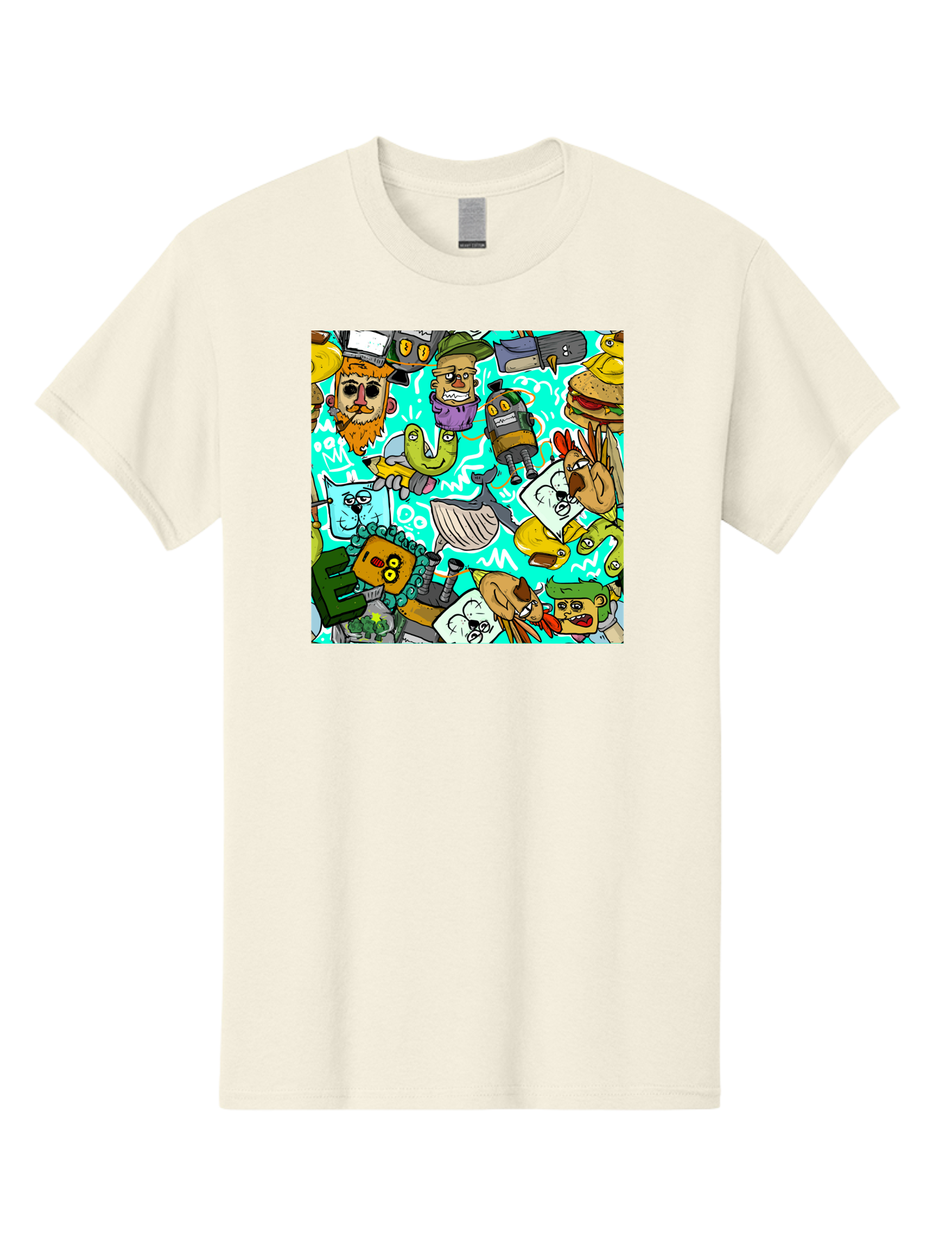 Cartoon-Characters Men'S Graphic Tee, 100% Cotton, Comfortable Casual Summer Wear, Machine Washable, Cartoon Robots, Doodle Art, Animal Characters, Quirky Illustrations, Robots And Animals Together, Digital Art, Eclectic, Creative, Aac380