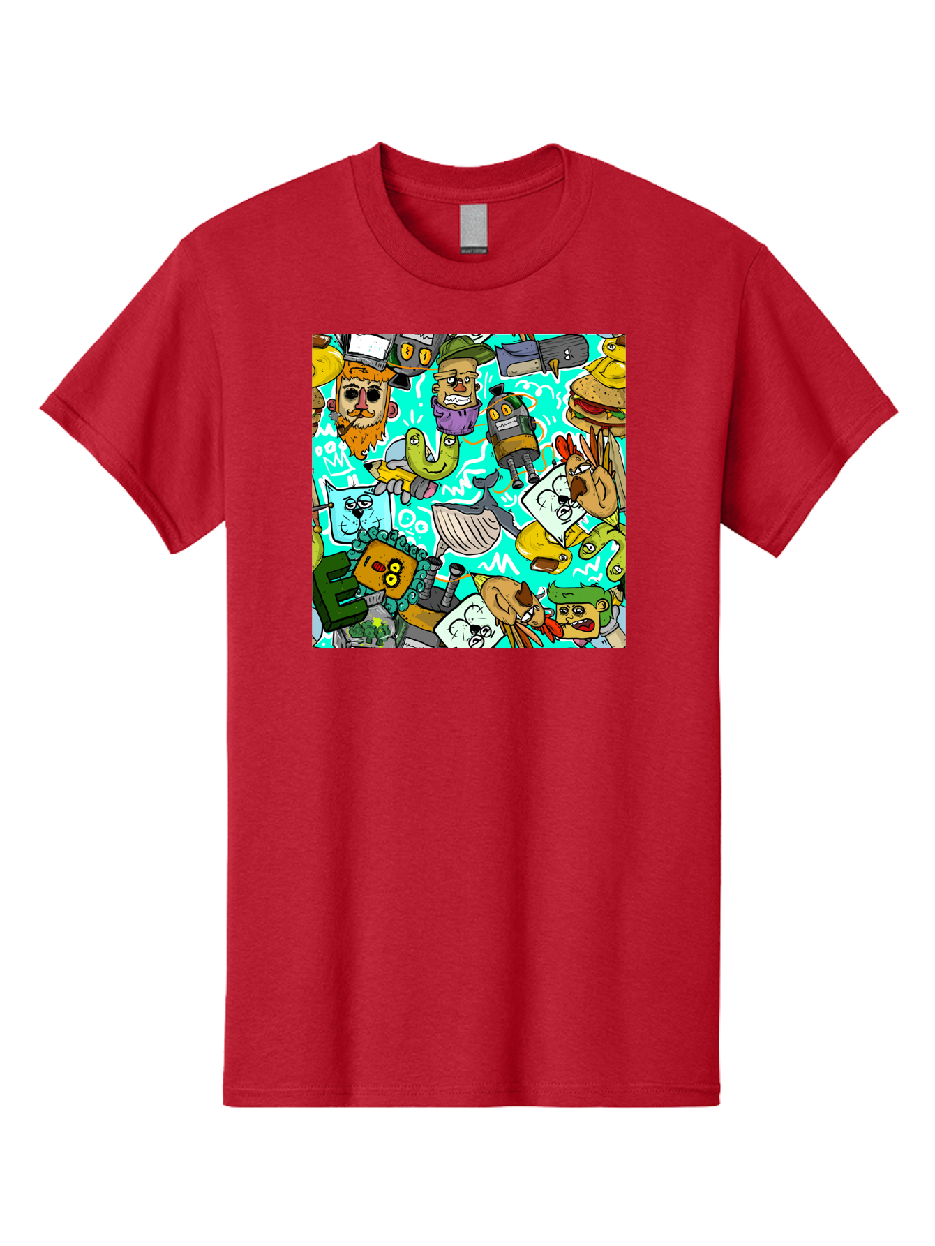 Cartoon-Characters Men'S Graphic Tee, 100% Cotton, Comfortable Casual Summer Wear, Machine Washable, Cartoon Robots, Doodle Art, Animal Characters, Quirky Illustrations, Robots And Animals Together, Digital Art, Eclectic, Creative, Aac380
