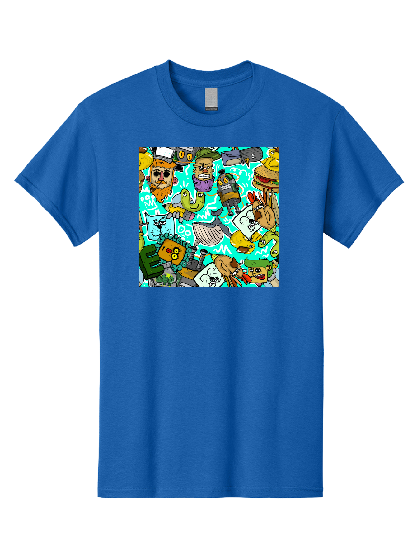Cartoon-Characters Men'S Graphic Tee, 100% Cotton, Comfortable Casual Summer Wear, Machine Washable, Cartoon Robots, Doodle Art, Animal Characters, Quirky Illustrations, Robots And Animals Together, Digital Art, Eclectic, Creative, Aac380