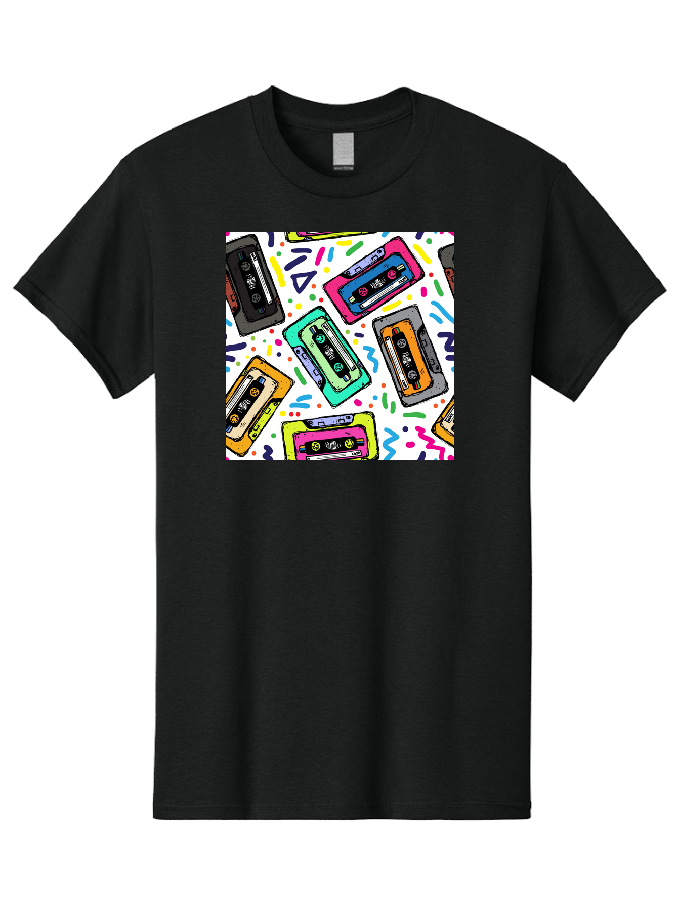 Cassette-Tapes-Pattern Men'S Graphic Tee, 100% Cotton, Comfortable Casual Summer Wear, Machine Washable, Retro Cassette Tapes, Vintage Music, Colorful Design, Nostalgic Feel, Playful Patterns, 80S And 90S Nostalgia, Music Lover Gift Aac382
