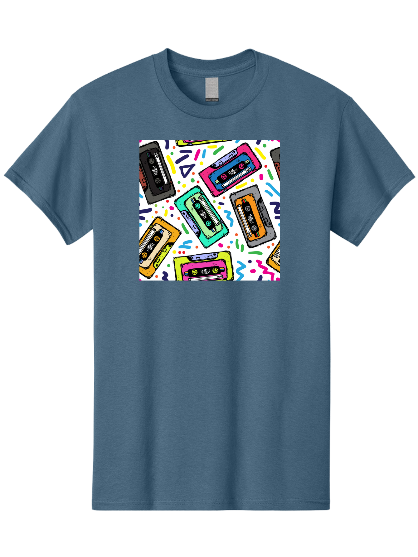 Cassette-Tapes-Pattern Men'S Graphic Tee, 100% Cotton, Comfortable Casual Summer Wear, Machine Washable, Retro Cassette Tapes, Vintage Music, Colorful Design, Nostalgic Feel, Playful Patterns, 80S And 90S Nostalgia, Music Lover Gift Aac382