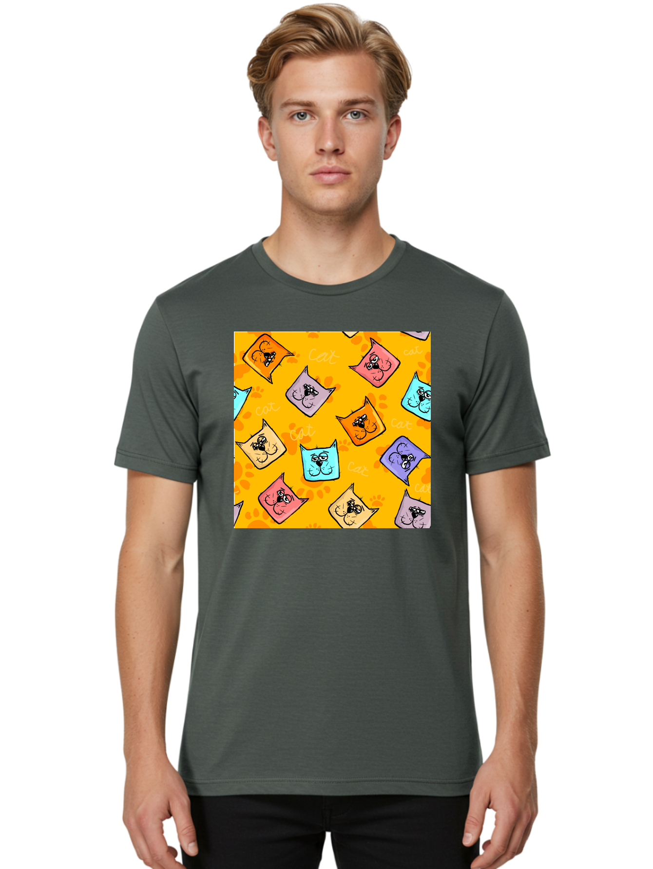 Cat-Pattern Men'S Graphic Tee, 100% Cotton, Comfortable Casual Summer Wear, Machine Washable, Cartoon Cats, Pastel Colors, Cat Faces, Playful Pattern, Cute Animals, Whimsical Design, Feline Friends, Adorable Illustrations, Fun Graphics, Aac384