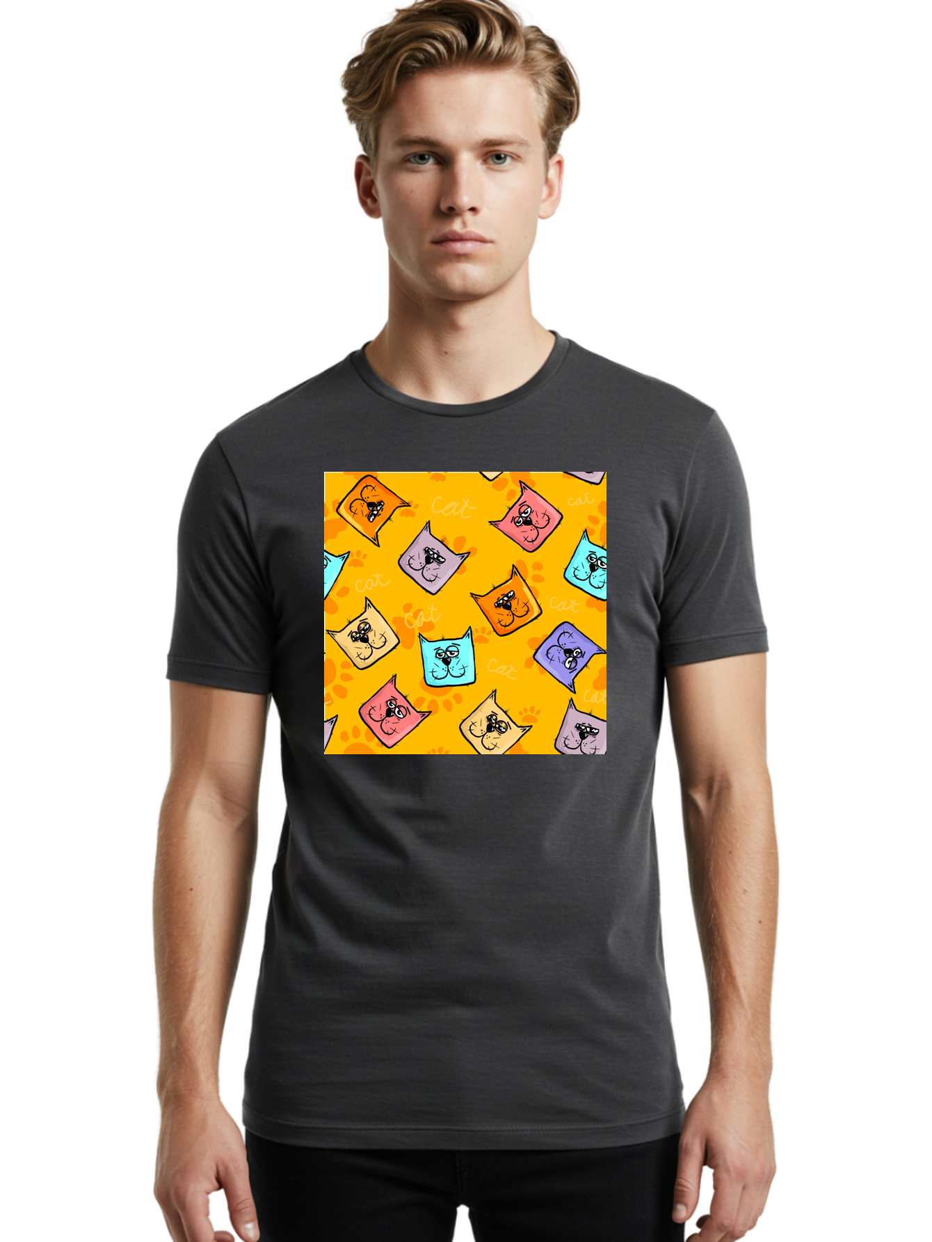 Cat-Pattern Men'S Graphic Tee, 100% Cotton, Comfortable Casual Summer Wear, Machine Washable, Cartoon Cats, Pastel Colors, Cat Faces, Playful Pattern, Cute Animals, Whimsical Design, Feline Friends, Adorable Illustrations, Fun Graphics, Aac384
