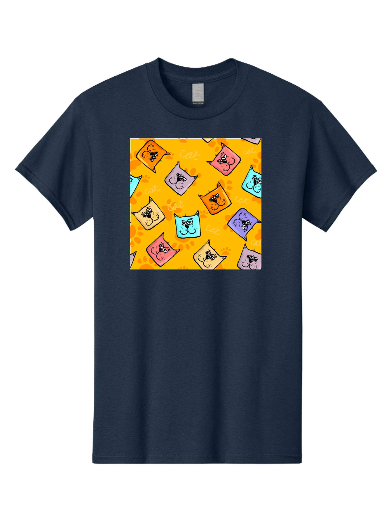 Cat-Pattern Men'S Graphic Tee, 100% Cotton, Comfortable Casual Summer Wear, Machine Washable, Cartoon Cats, Pastel Colors, Cat Faces, Playful Pattern, Cute Animals, Whimsical Design, Feline Friends, Adorable Illustrations, Fun Graphics, Aac384