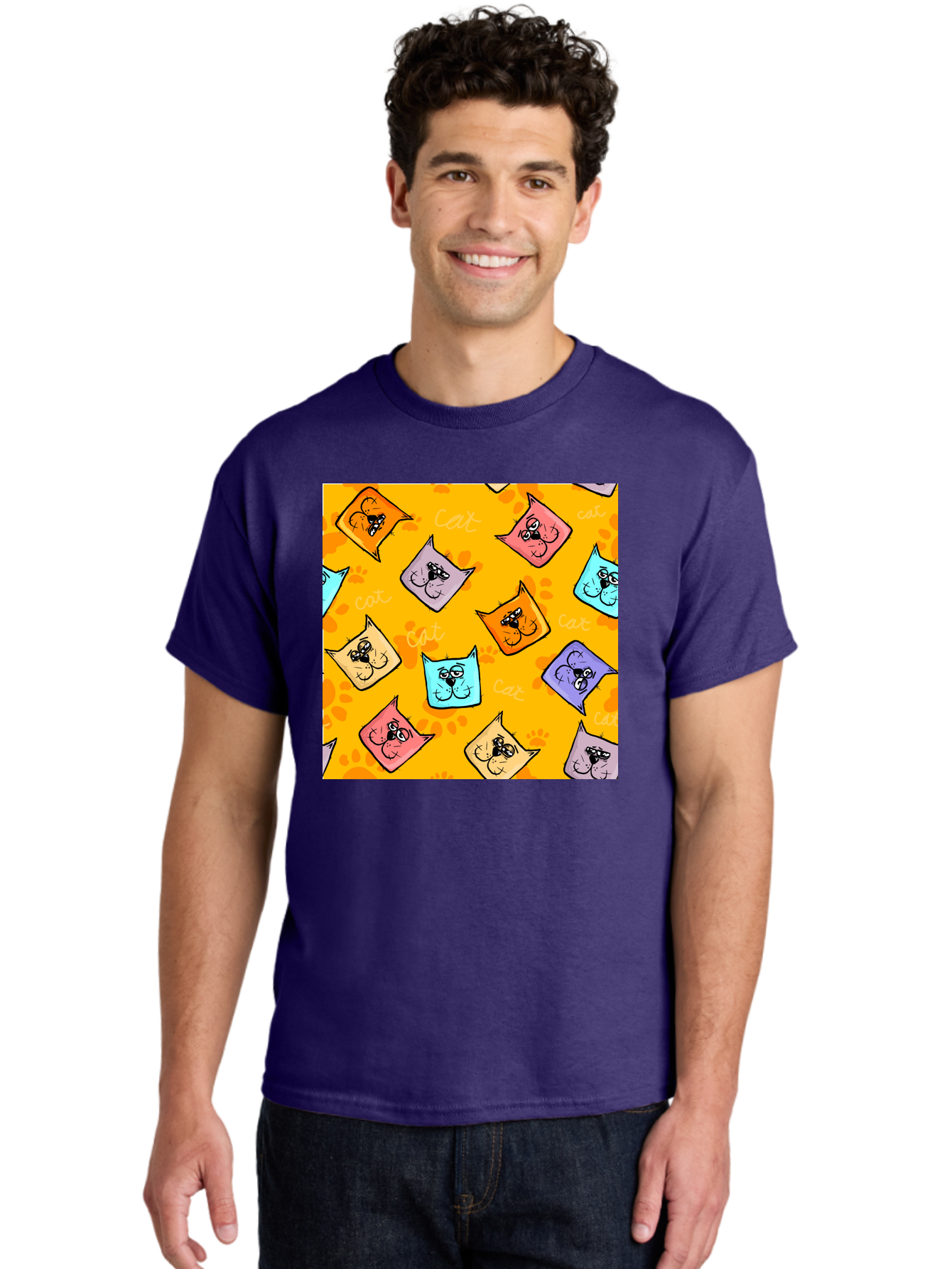 Cat-Pattern Men'S Graphic Tee, 100% Cotton, Comfortable Casual Summer Wear, Machine Washable, Cartoon Cats, Pastel Colors, Cat Faces, Playful Pattern, Cute Animals, Whimsical Design, Feline Friends, Adorable Illustrations, Fun Graphics, Aac384