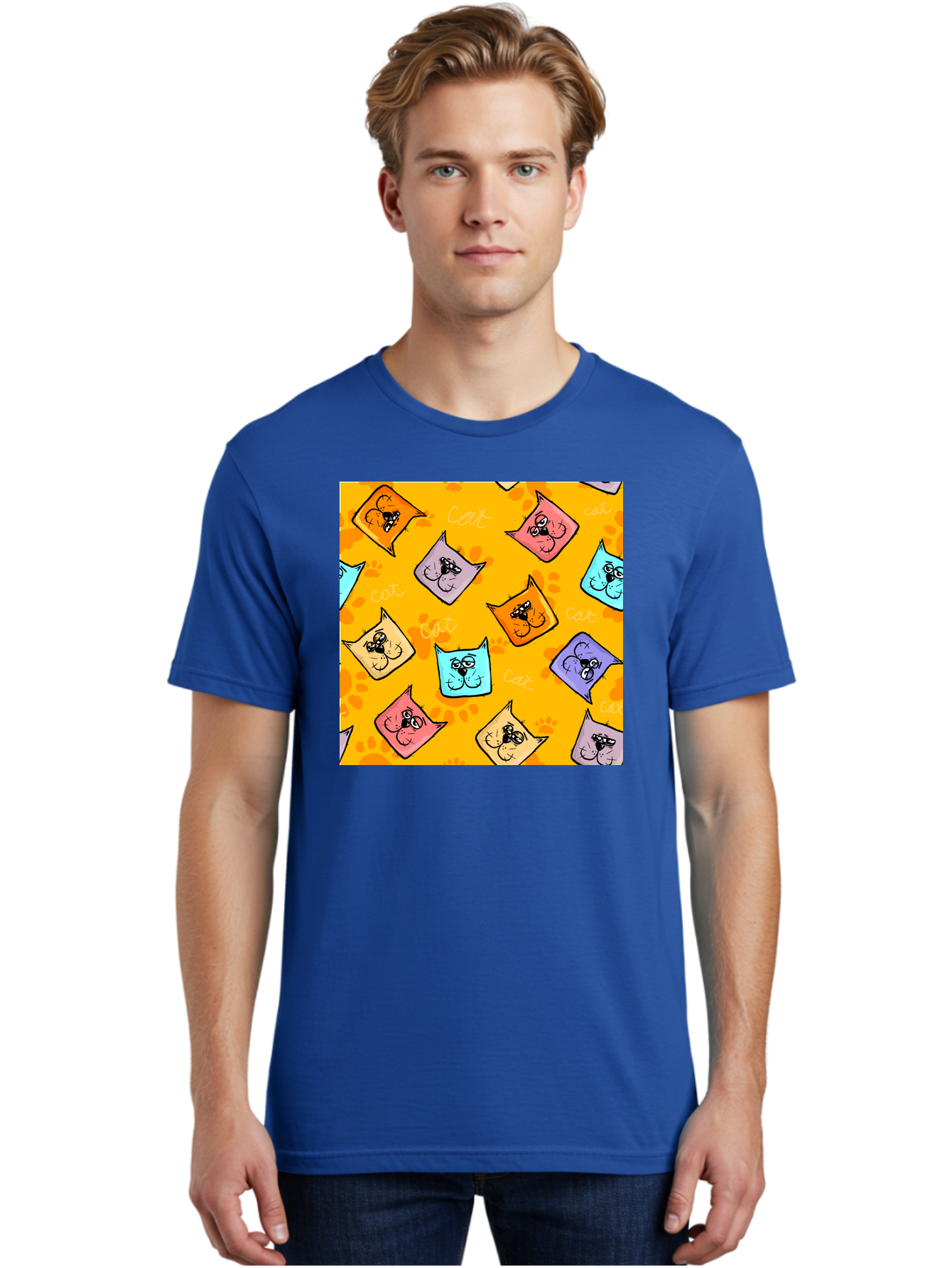 Cat-Pattern Men'S Graphic Tee, 100% Cotton, Comfortable Casual Summer Wear, Machine Washable, Cartoon Cats, Pastel Colors, Cat Faces, Playful Pattern, Cute Animals, Whimsical Design, Feline Friends, Adorable Illustrations, Fun Graphics, Aac384