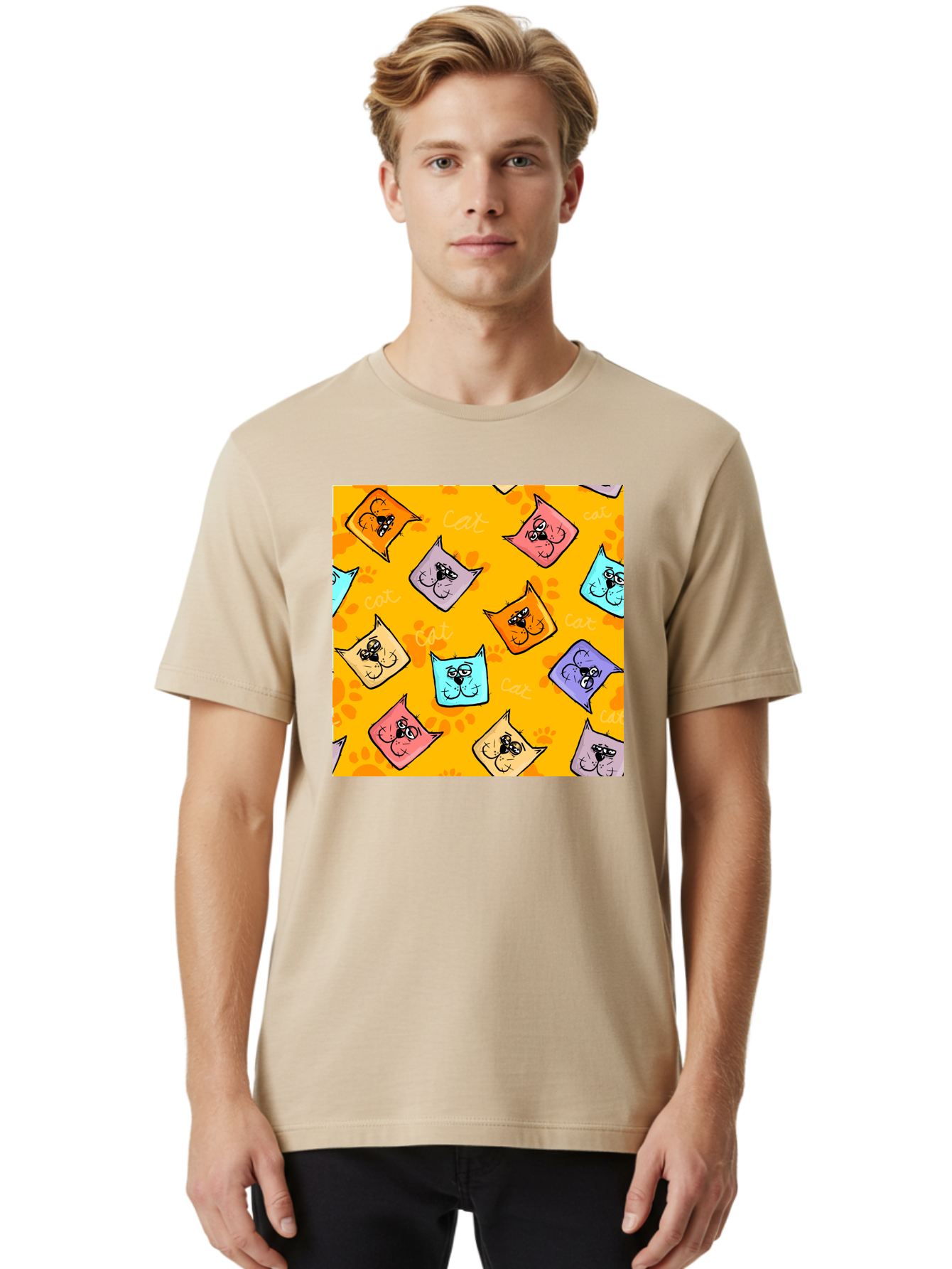 Cat-Pattern Men'S Graphic Tee, 100% Cotton, Comfortable Casual Summer Wear, Machine Washable, Cartoon Cats, Pastel Colors, Cat Faces, Playful Pattern, Cute Animals, Whimsical Design, Feline Friends, Adorable Illustrations, Fun Graphics, Aac384