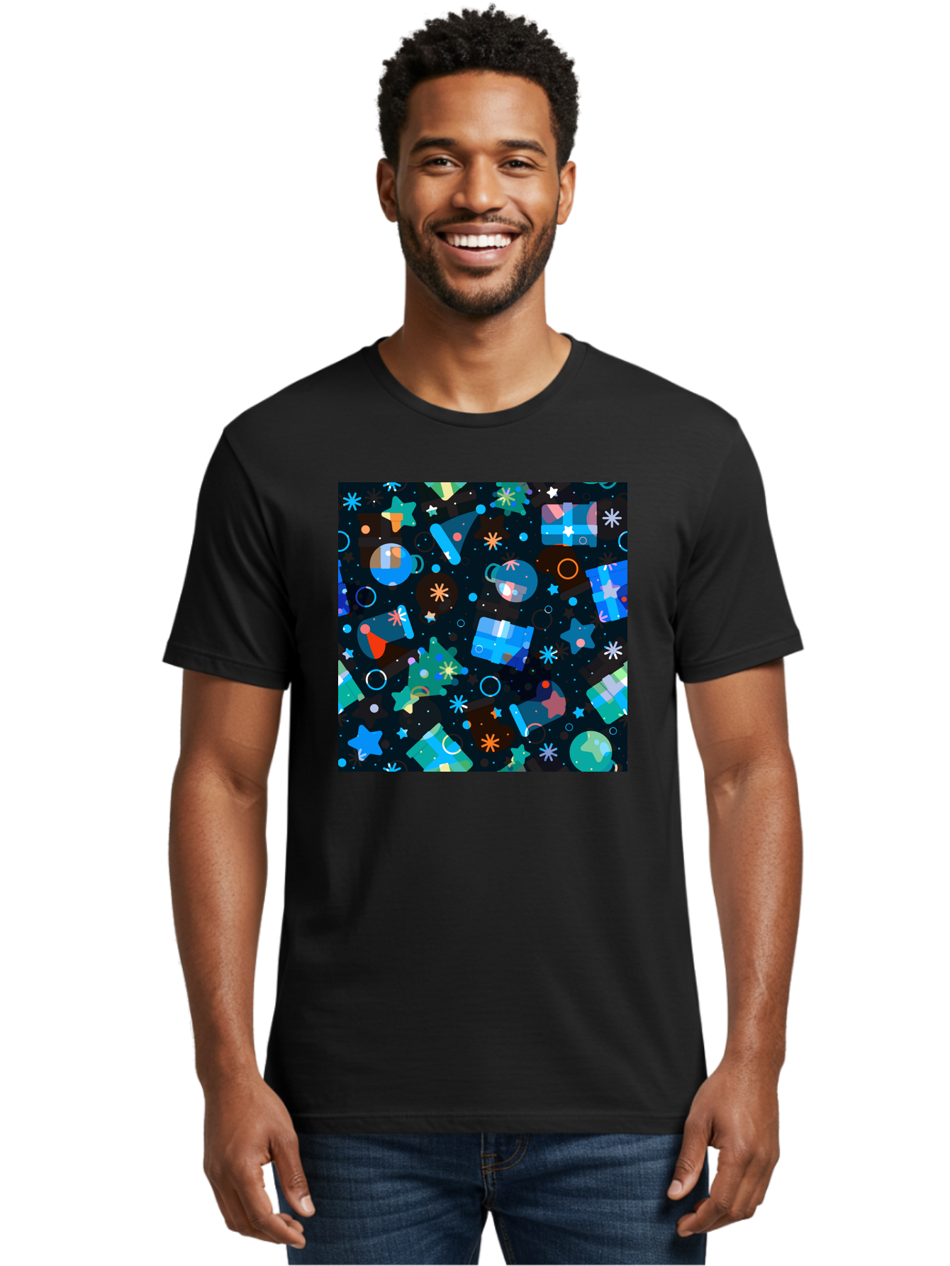 Christmas-Pattern Men'S Graphic Tee, 100% Cotton, Comfortable Casual Summer Wear, Machine Washable, Party Hats, Festive Decorations, Stars, Confetti, Balloons, Gift Boxes, Mug, Party Blowers, Celebratory Elements, Party Theme Aac385