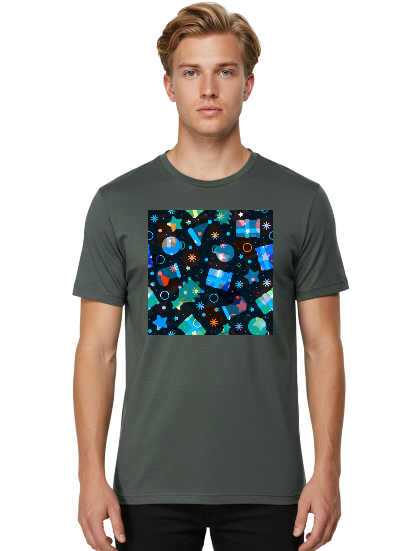 Christmas-Pattern Men'S Graphic Tee, 100% Cotton, Comfortable Casual Summer Wear, Machine Washable, Party Hats, Festive Decorations, Stars, Confetti, Balloons, Gift Boxes, Mug, Party Blowers, Celebratory Elements, Party Theme Aac385