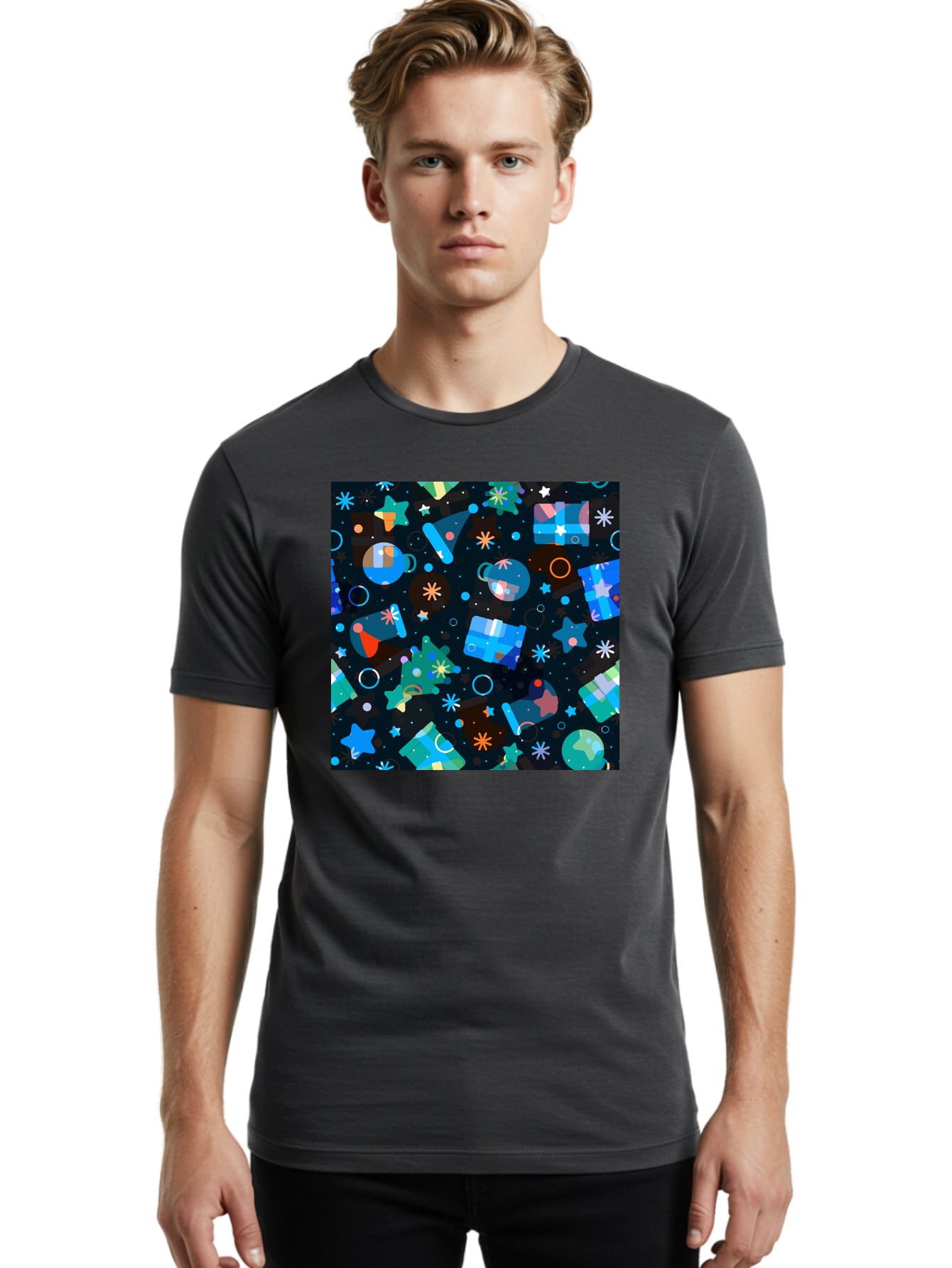 Christmas-Pattern Men'S Graphic Tee, 100% Cotton, Comfortable Casual Summer Wear, Machine Washable, Party Hats, Festive Decorations, Stars, Confetti, Balloons, Gift Boxes, Mug, Party Blowers, Celebratory Elements, Party Theme Aac385