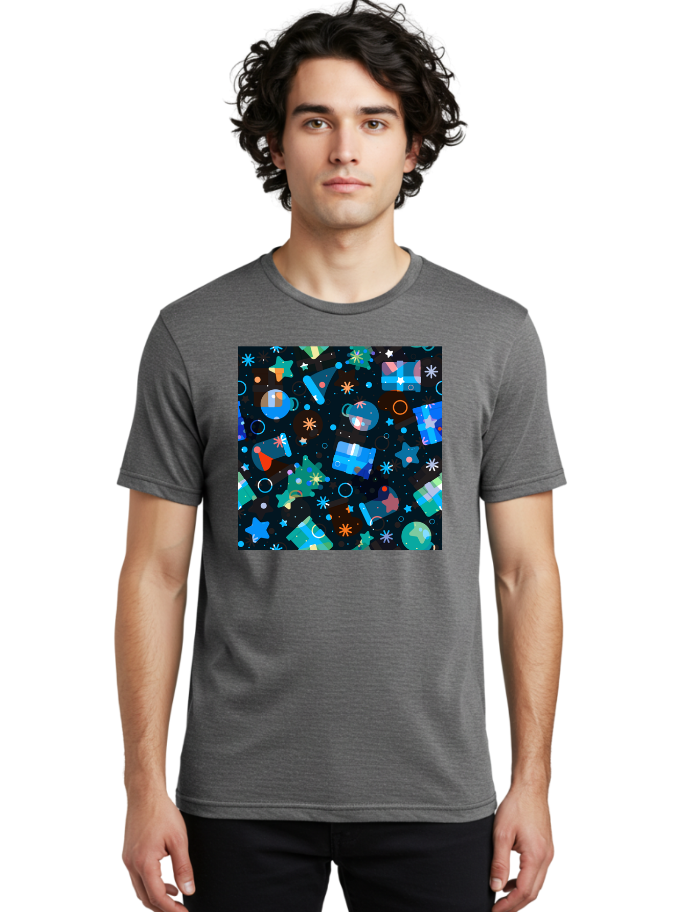 Christmas-Pattern Men'S Graphic Tee, 100% Cotton, Comfortable Casual Summer Wear, Machine Washable, Party Hats, Festive Decorations, Stars, Confetti, Balloons, Gift Boxes, Mug, Party Blowers, Celebratory Elements, Party Theme Aac385
