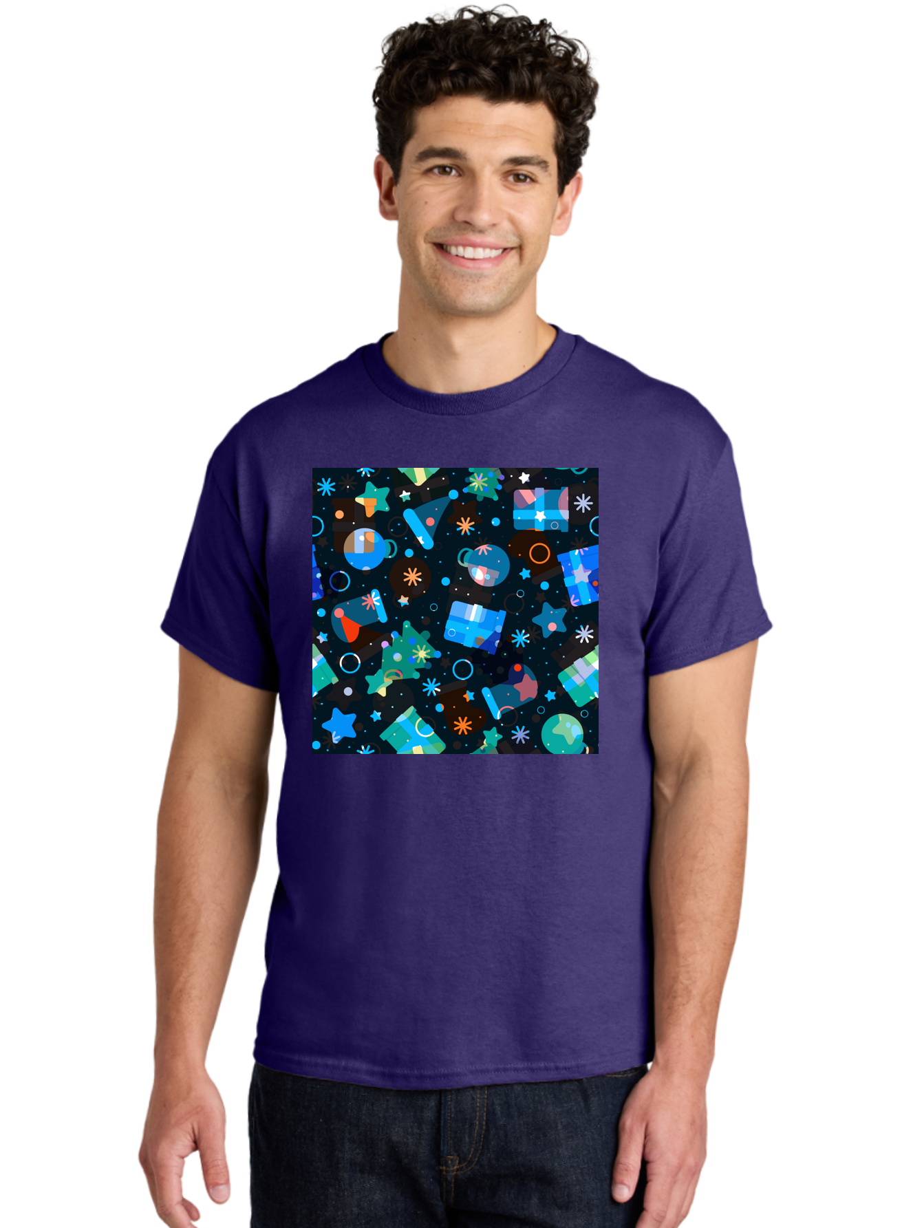 Christmas-Pattern Men'S Graphic Tee, 100% Cotton, Comfortable Casual Summer Wear, Machine Washable, Party Hats, Festive Decorations, Stars, Confetti, Balloons, Gift Boxes, Mug, Party Blowers, Celebratory Elements, Party Theme Aac385