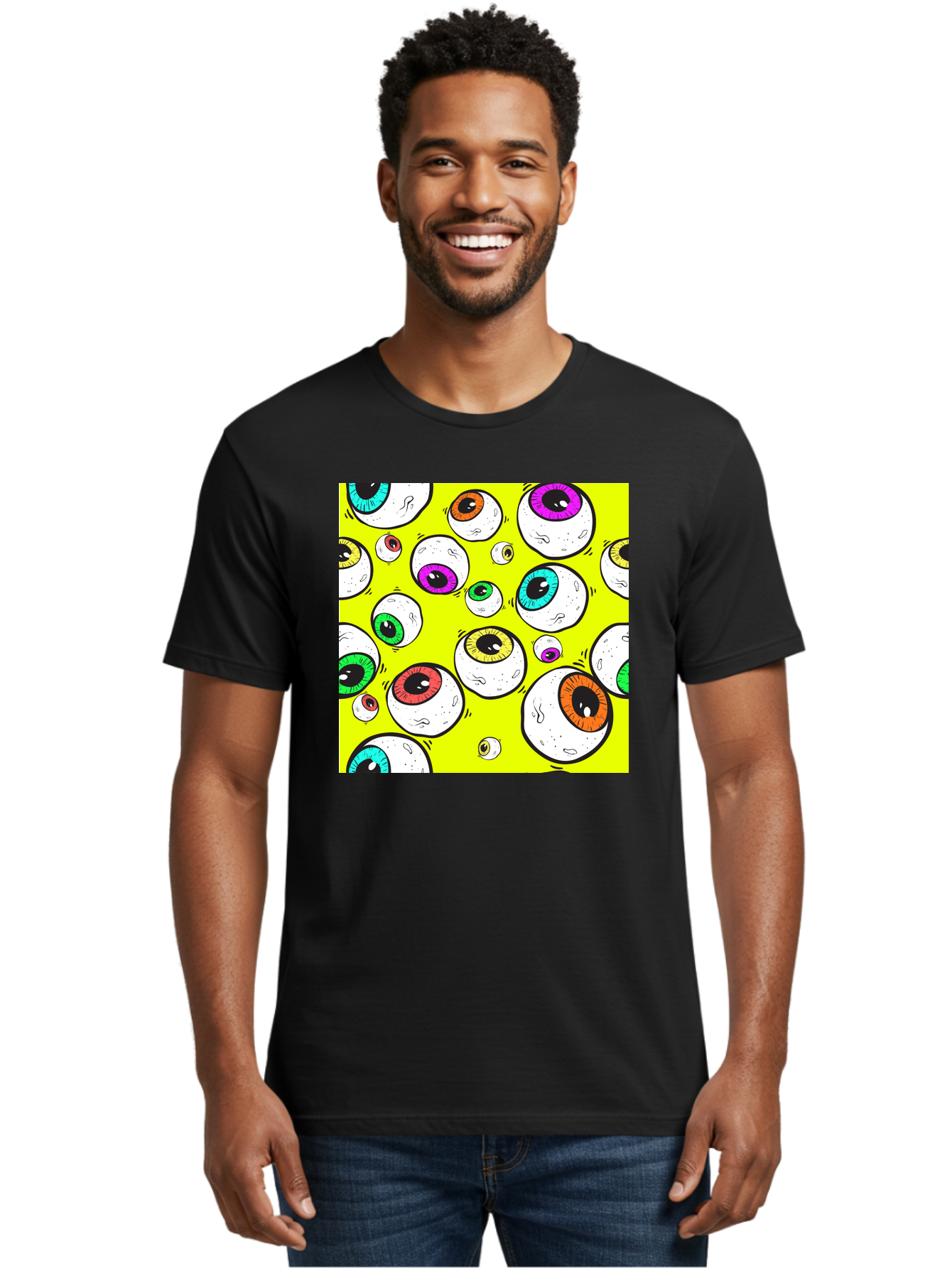 Colorful-Eyeballs Men'S Graphic Tee, 100% Cotton, Comfortable Casual Summer Wear, Machine Washable, Cartoon Eyeballs, Colorful Eyes, Vibrant Colors, Pop Art, Playful Graphics, Quirky Design, Eye-Catching Visuals, Fun Illustration, Aac386