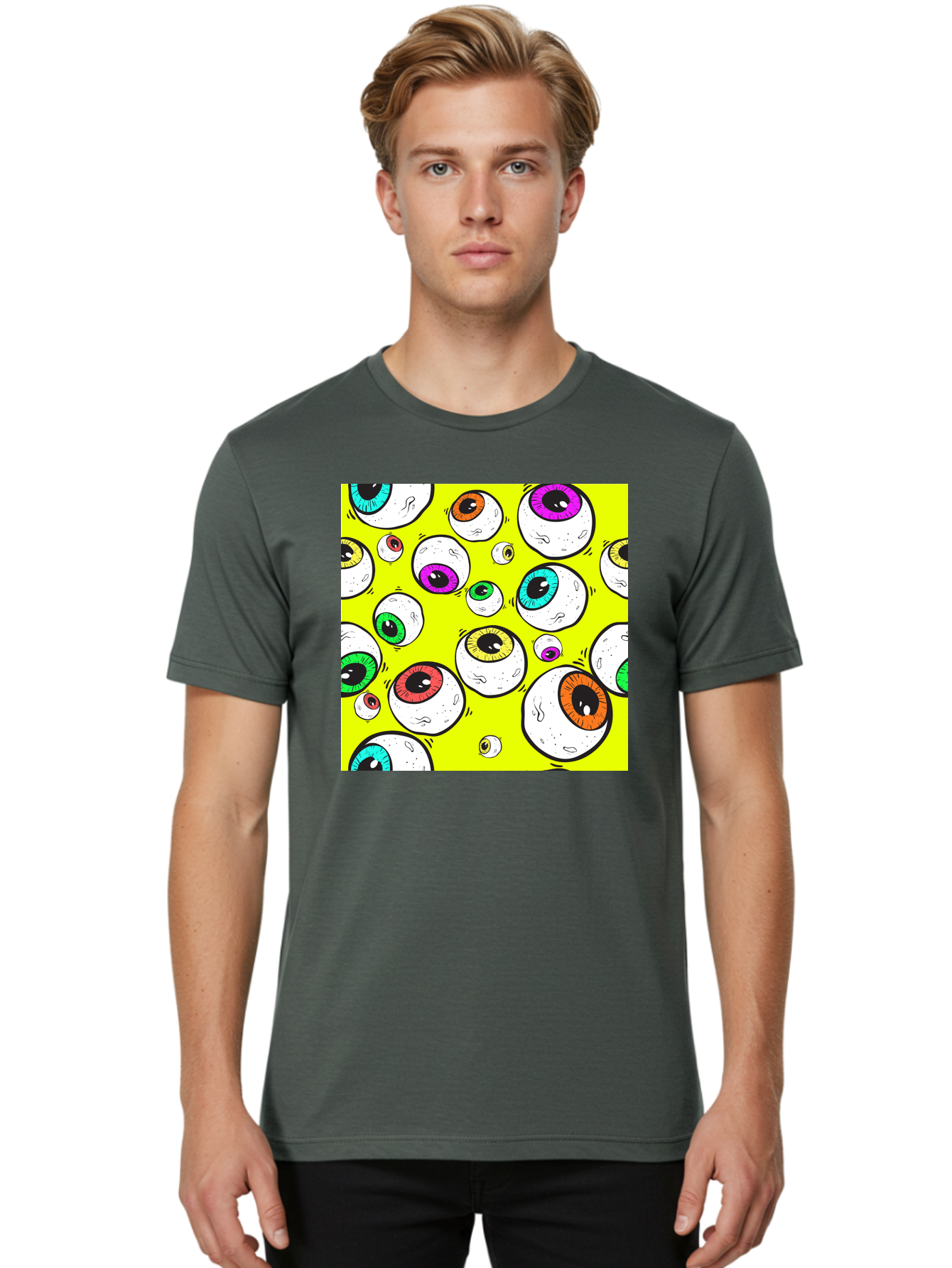 Colorful-Eyeballs Men'S Graphic Tee, 100% Cotton, Comfortable Casual Summer Wear, Machine Washable, Cartoon Eyeballs, Colorful Eyes, Vibrant Colors, Pop Art, Playful Graphics, Quirky Design, Eye-Catching Visuals, Fun Illustration, Aac386