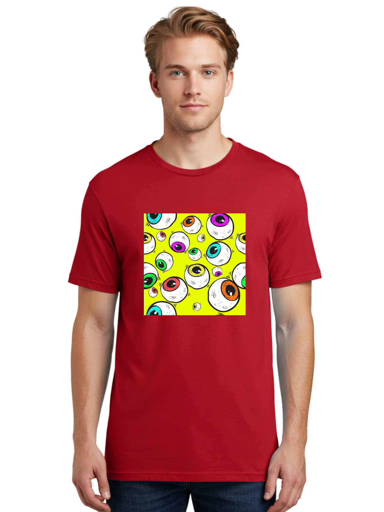Colorful-Eyeballs Men'S Graphic Tee, 100% Cotton, Comfortable Casual Summer Wear, Machine Washable, Cartoon Eyeballs, Colorful Eyes, Vibrant Colors, Pop Art, Playful Graphics, Quirky Design, Eye-Catching Visuals, Fun Illustration, Aac386