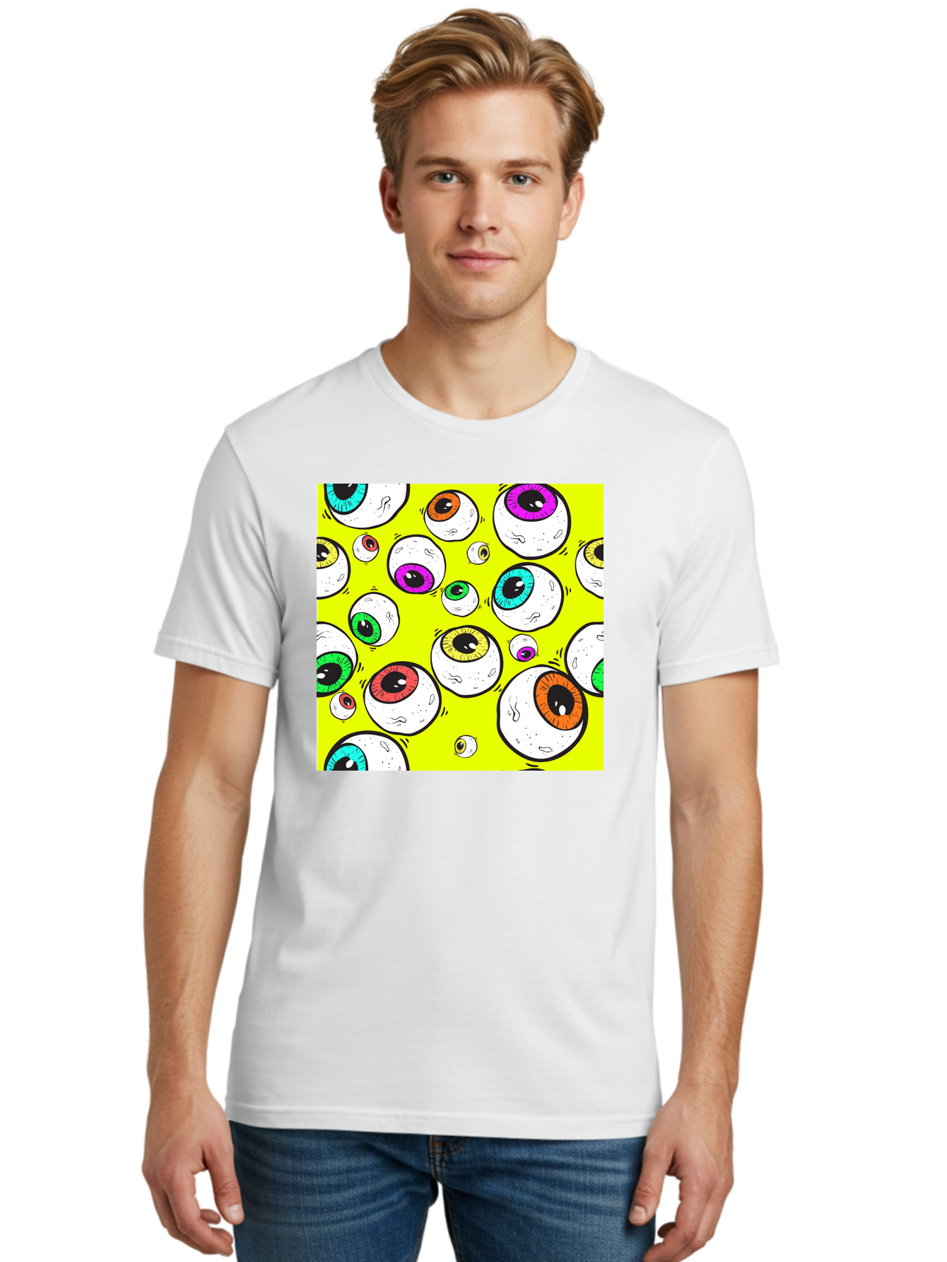 Colorful-Eyeballs Men'S Graphic Tee, 100% Cotton, Comfortable Casual Summer Wear, Machine Washable, Cartoon Eyeballs, Colorful Eyes, Vibrant Colors, Pop Art, Playful Graphics, Quirky Design, Eye-Catching Visuals, Fun Illustration, Aac386
