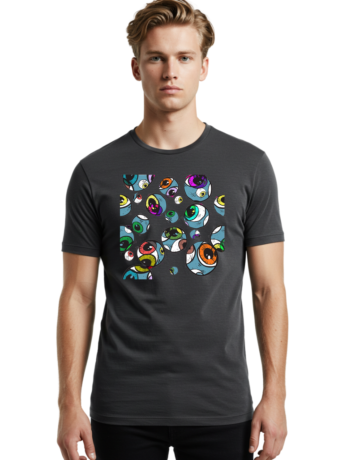 Eyes Men'S Graphic Tee, 100% Cotton, Comfortable Casual Summer Wear, Machine Washable, Cartoon Eyes, Colorful Eyes, Vibrant Eyed Pattern, Playful Illustration, Surreal Art, Whimsical Design, Multiple Eyes, Purple Background, Quirky Graphics, Aac388