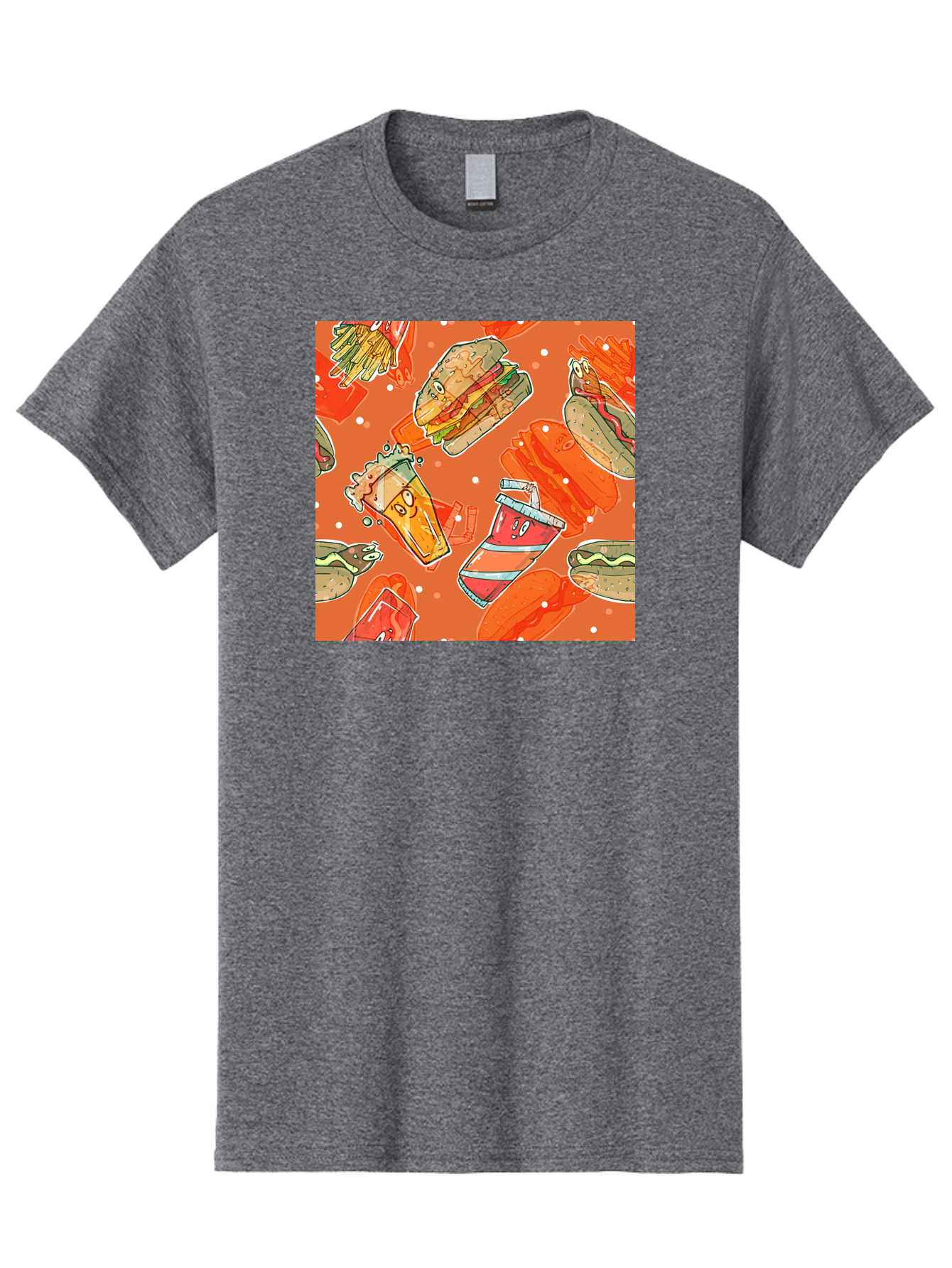 Fast-Food Men'S Graphic Tee, 100% Cotton, Comfortable Casual Summer Wear, Machine Washable, Fast Food, Burgers, Sandwiches, Hot Dogs, Fries, Sweet Tea, Soda, Cartoon Food, Playful Pattern, Appetizing Illustrations, Foodie Culture, Junk Food Aac389