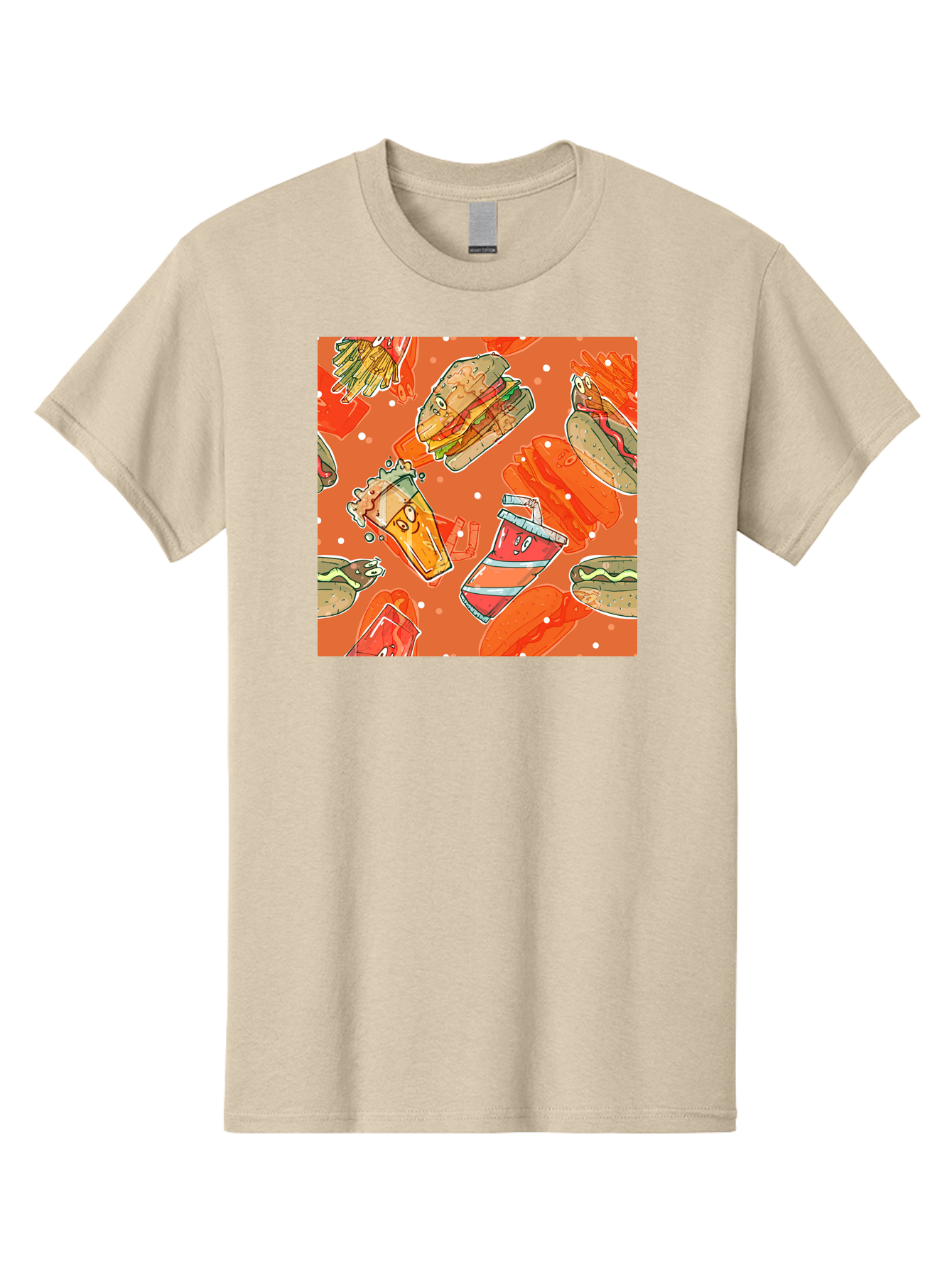 Fast-Food Men'S Graphic Tee, 100% Cotton, Comfortable Casual Summer Wear, Machine Washable, Fast Food, Burgers, Sandwiches, Hot Dogs, Fries, Sweet Tea, Soda, Cartoon Food, Playful Pattern, Appetizing Illustrations, Foodie Culture, Junk Food Aac389