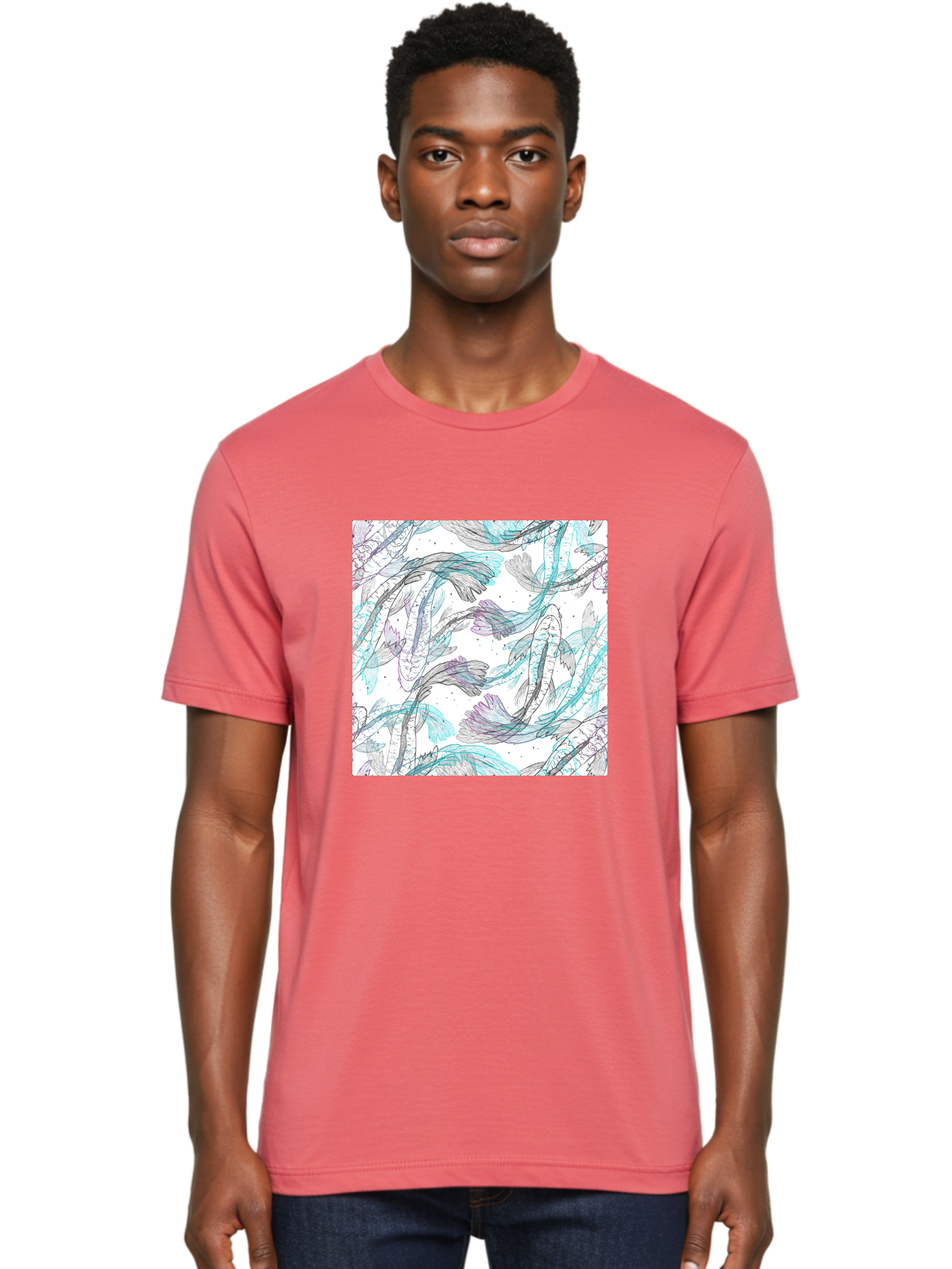 Fish-Pattern Men'S Graphic Tee, 100% Cotton, Comfortable Casual Summer Wear, Machine Washable, Koi Fish Pattern, Watercolor Illustration, Abstract Design, Pastel Colors, Whimsical Art, Fish Swimming, Decorative Motif, Artistic Expression, Aac390