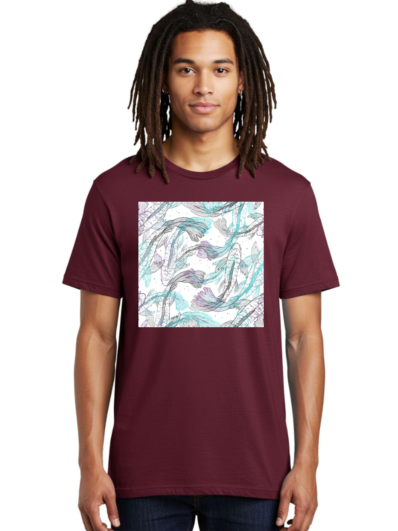 Fish-Pattern Men'S Graphic Tee, 100% Cotton, Comfortable Casual Summer Wear, Machine Washable, Koi Fish Pattern, Watercolor Illustration, Abstract Design, Pastel Colors, Whimsical Art, Fish Swimming, Decorative Motif, Artistic Expression, Aac390