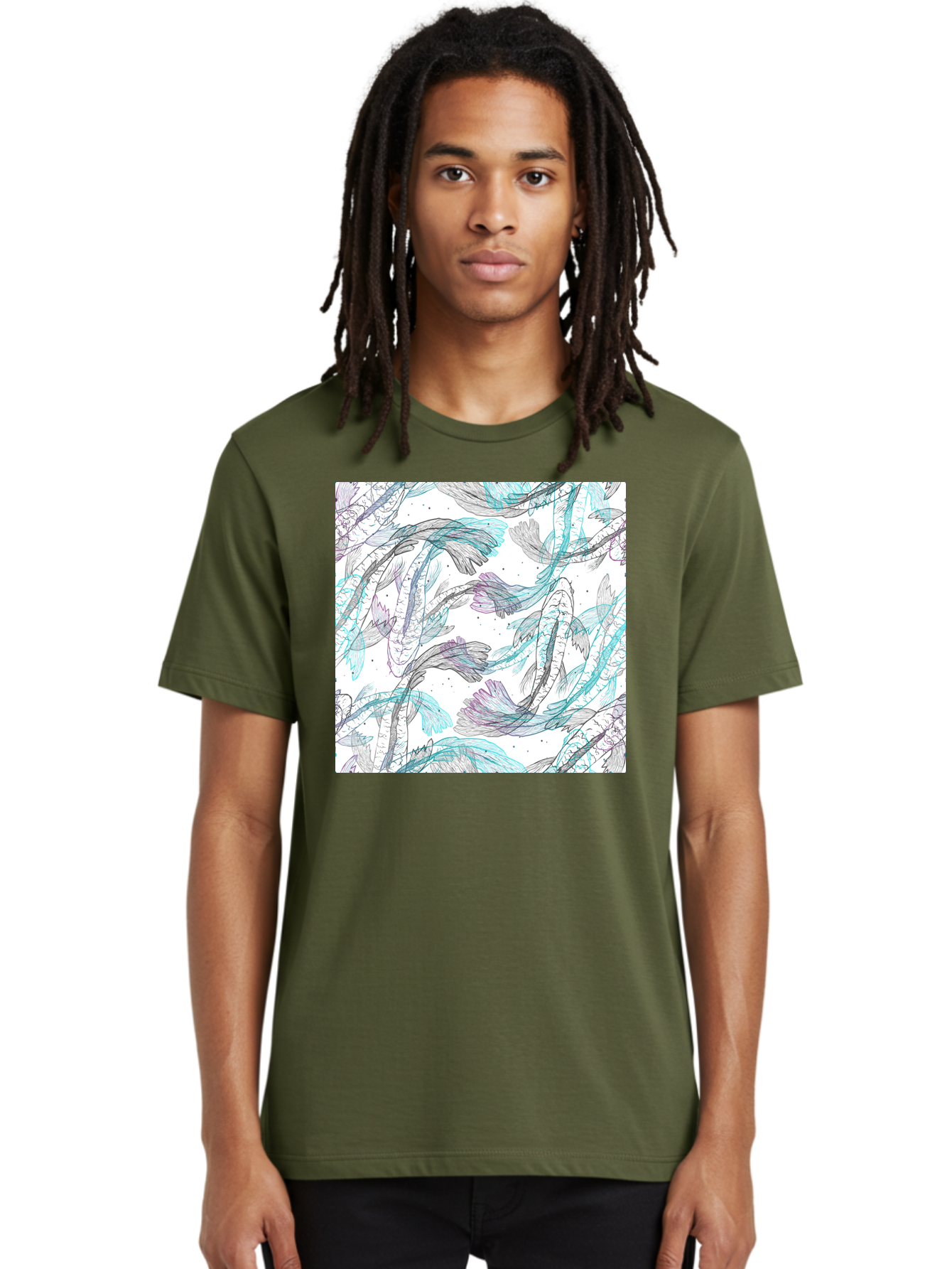 Fish-Pattern Men'S Graphic Tee, 100% Cotton, Comfortable Casual Summer Wear, Machine Washable, Koi Fish Pattern, Watercolor Illustration, Abstract Design, Pastel Colors, Whimsical Art, Fish Swimming, Decorative Motif, Artistic Expression, Aac390