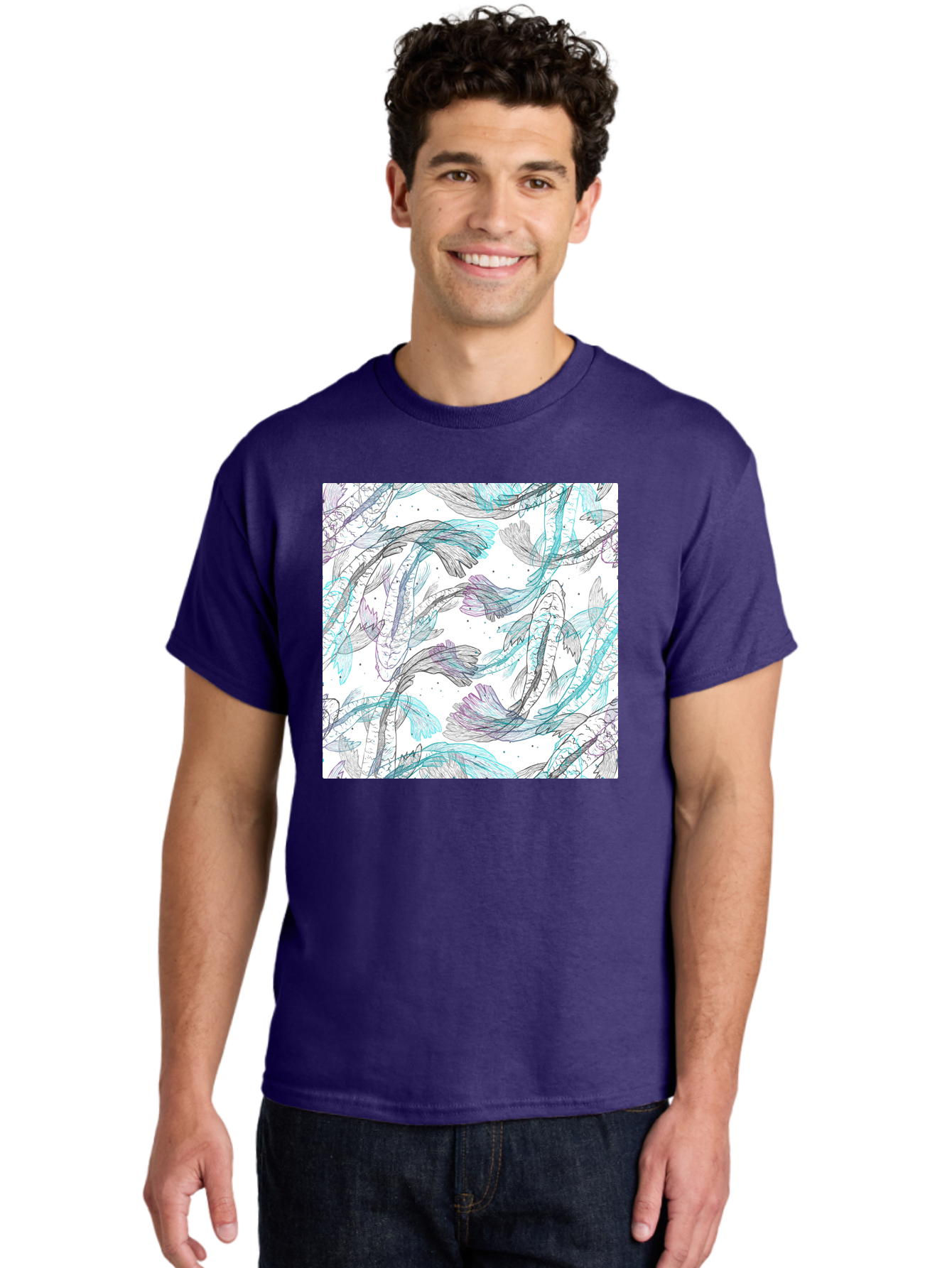 Fish-Pattern Men'S Graphic Tee, 100% Cotton, Comfortable Casual Summer Wear, Machine Washable, Koi Fish Pattern, Watercolor Illustration, Abstract Design, Pastel Colors, Whimsical Art, Fish Swimming, Decorative Motif, Artistic Expression, Aac390