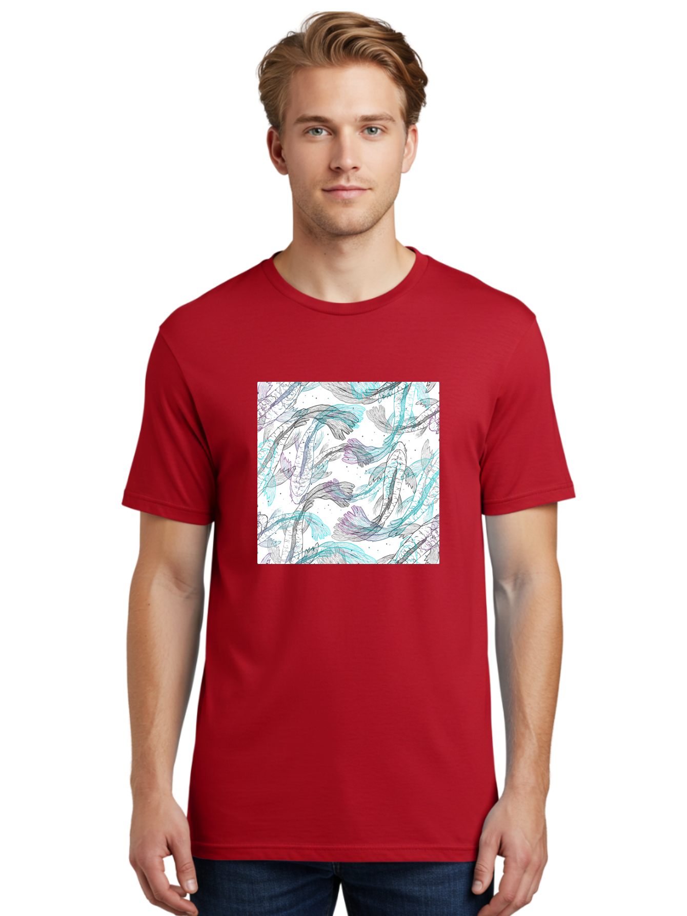 Fish-Pattern Men'S Graphic Tee, 100% Cotton, Comfortable Casual Summer Wear, Machine Washable, Koi Fish Pattern, Watercolor Illustration, Abstract Design, Pastel Colors, Whimsical Art, Fish Swimming, Decorative Motif, Artistic Expression, Aac390