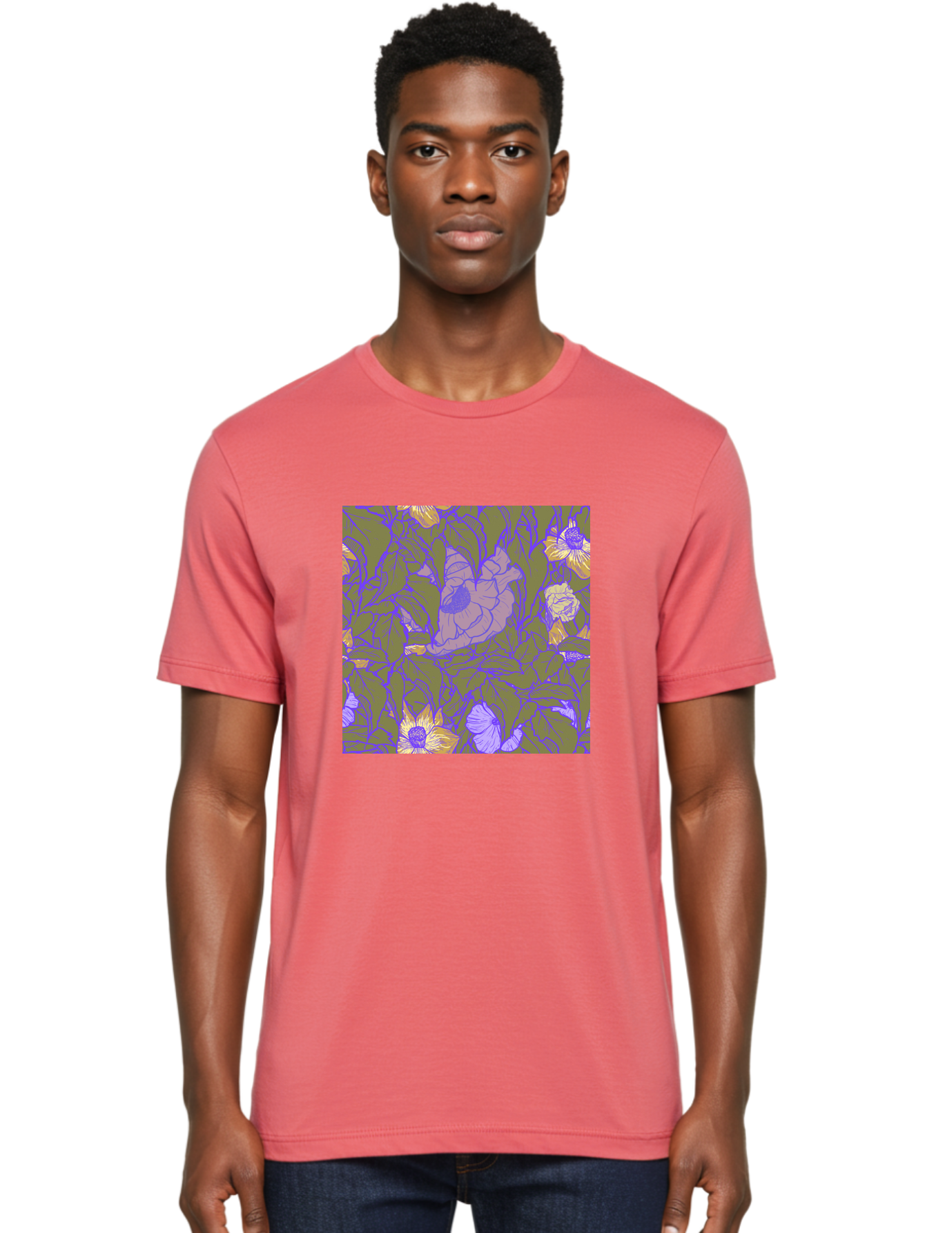 Floral-Pattern-1 Men'S Graphic Tee, 100% Cotton, Comfortable Casual Summer Wear, Machine Washable, Floral Pattern Design, Flower Arrangement, Pastel Colors, Yellow Flowers, Purple Outlines, Green Leaves, Artistic Illustration, Whimsical Decor, Aac391