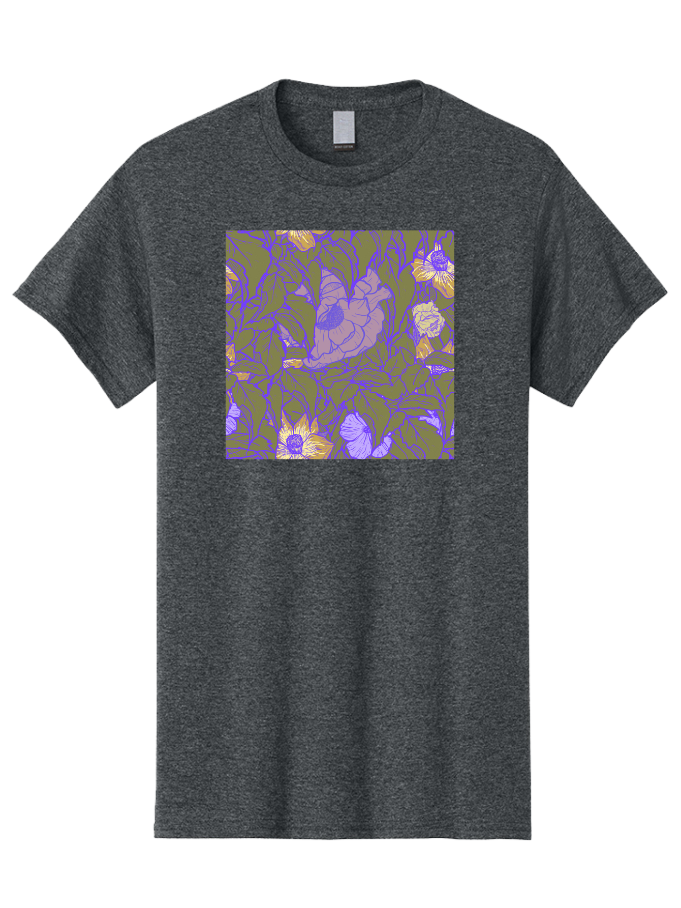 Floral-Pattern-1 Men'S Graphic Tee, 100% Cotton, Comfortable Casual Summer Wear, Machine Washable, Floral Pattern Design, Flower Arrangement, Pastel Colors, Yellow Flowers, Purple Outlines, Green Leaves, Artistic Illustration, Whimsical Decor, Aac391