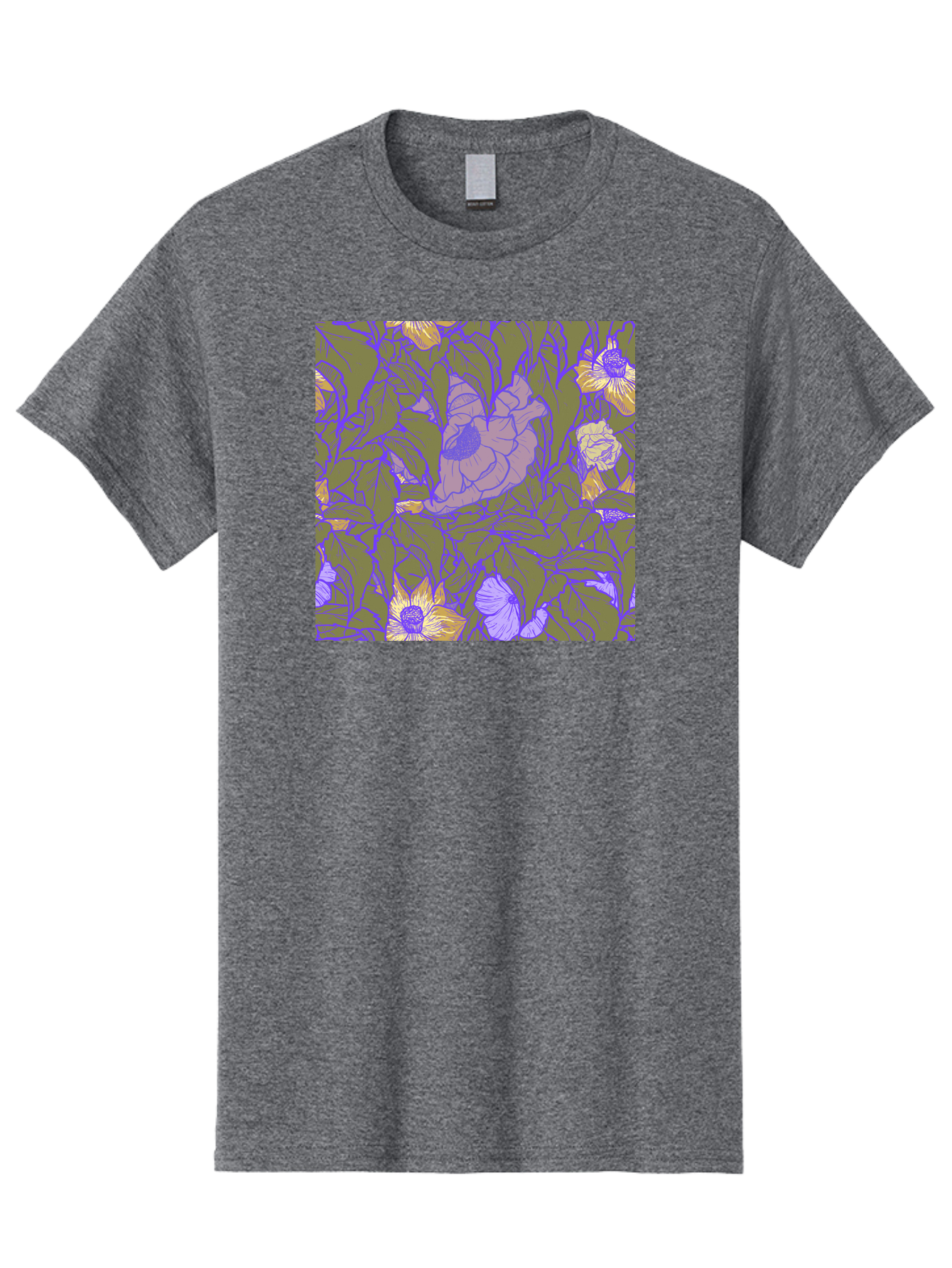 Floral-Pattern-1 Men'S Graphic Tee, 100% Cotton, Comfortable Casual Summer Wear, Machine Washable, Floral Pattern Design, Flower Arrangement, Pastel Colors, Yellow Flowers, Purple Outlines, Green Leaves, Artistic Illustration, Whimsical Decor, Aac391