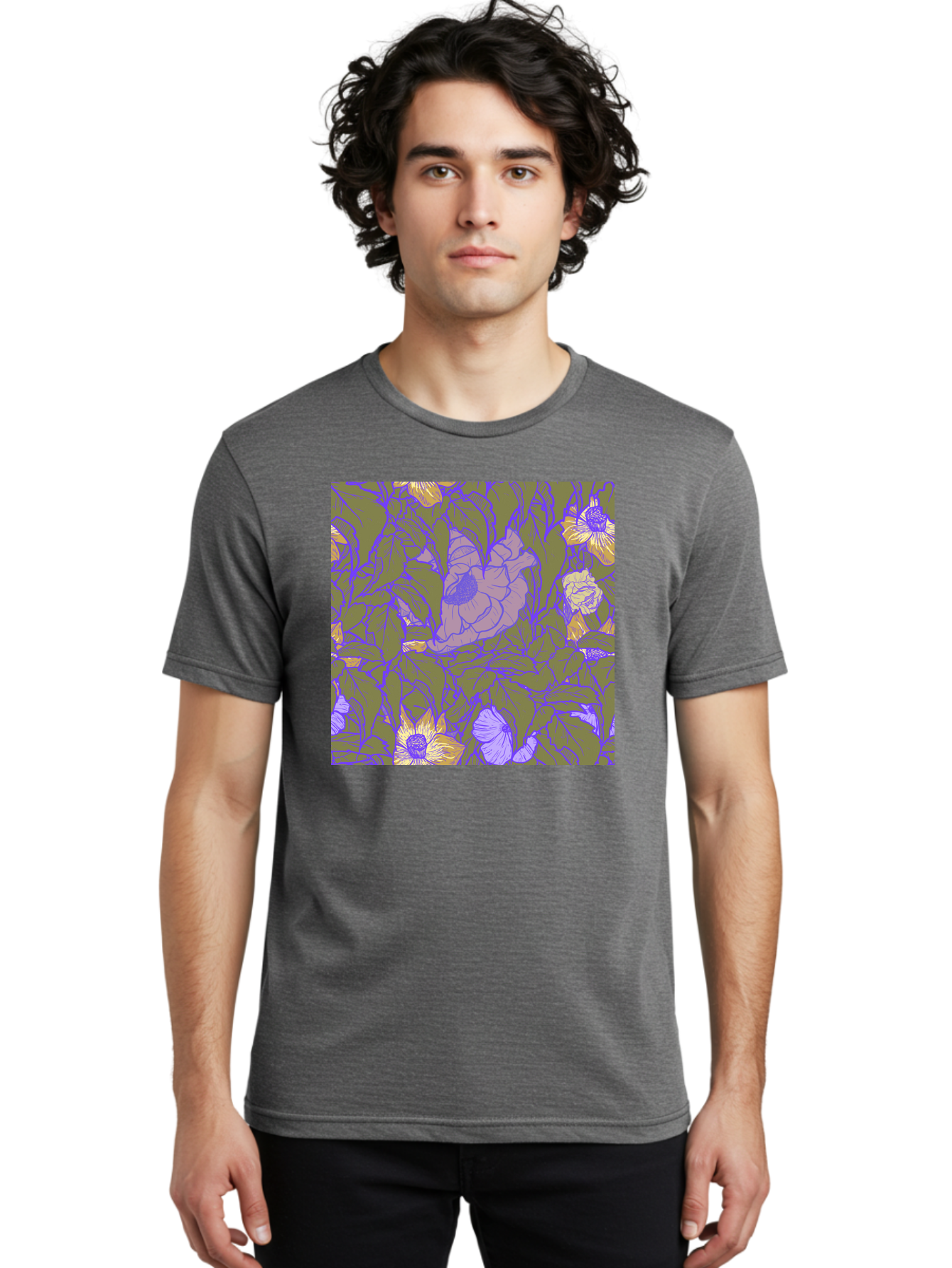 Floral-Pattern-1 Men'S Graphic Tee, 100% Cotton, Comfortable Casual Summer Wear, Machine Washable, Floral Pattern Design, Flower Arrangement, Pastel Colors, Yellow Flowers, Purple Outlines, Green Leaves, Artistic Illustration, Whimsical Decor, Aac391