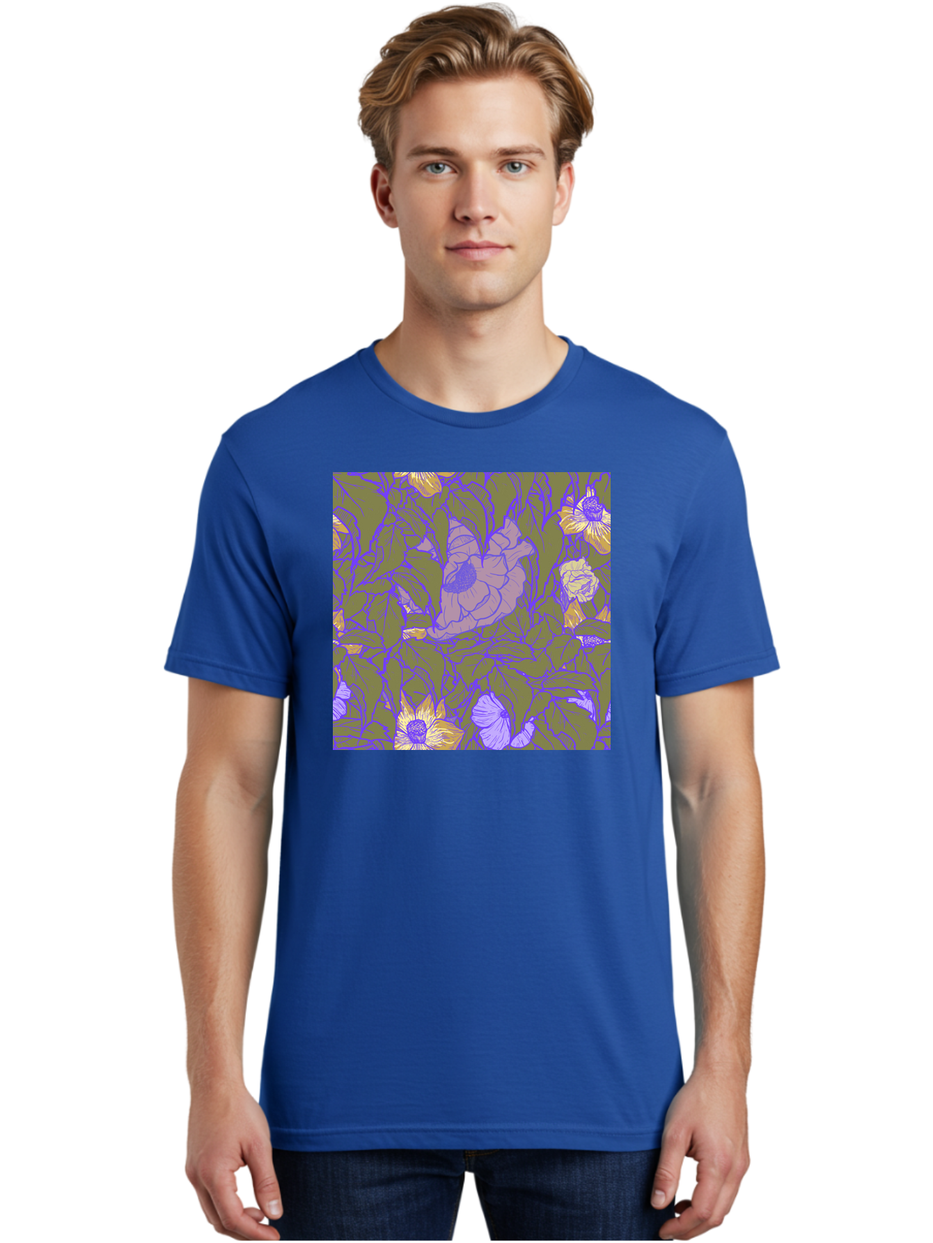 Floral-Pattern-1 Men'S Graphic Tee, 100% Cotton, Comfortable Casual Summer Wear, Machine Washable, Floral Pattern Design, Flower Arrangement, Pastel Colors, Yellow Flowers, Purple Outlines, Green Leaves, Artistic Illustration, Whimsical Decor, Aac391