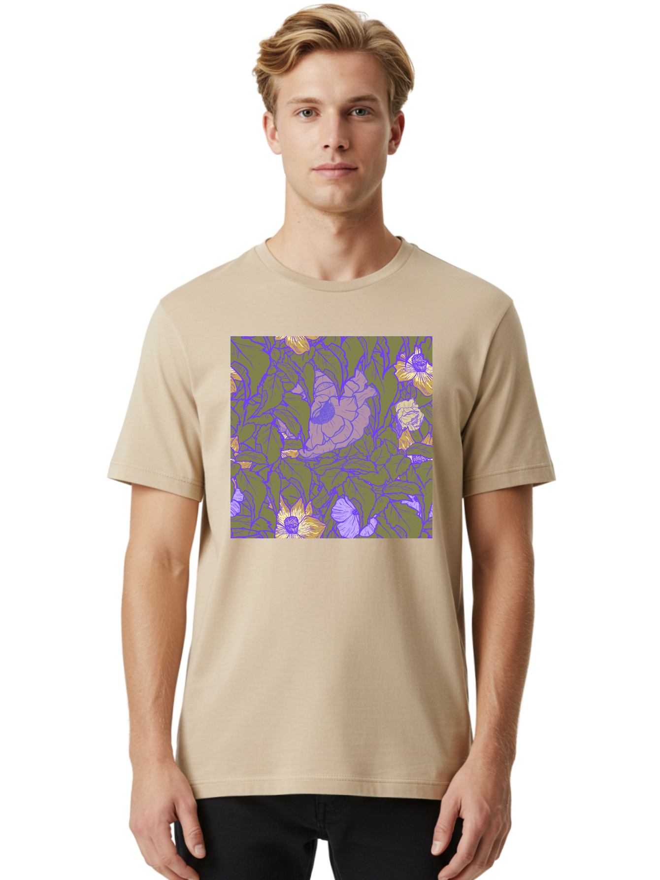 Floral-Pattern-1 Men'S Graphic Tee, 100% Cotton, Comfortable Casual Summer Wear, Machine Washable, Floral Pattern Design, Flower Arrangement, Pastel Colors, Yellow Flowers, Purple Outlines, Green Leaves, Artistic Illustration, Whimsical Decor, Aac391
