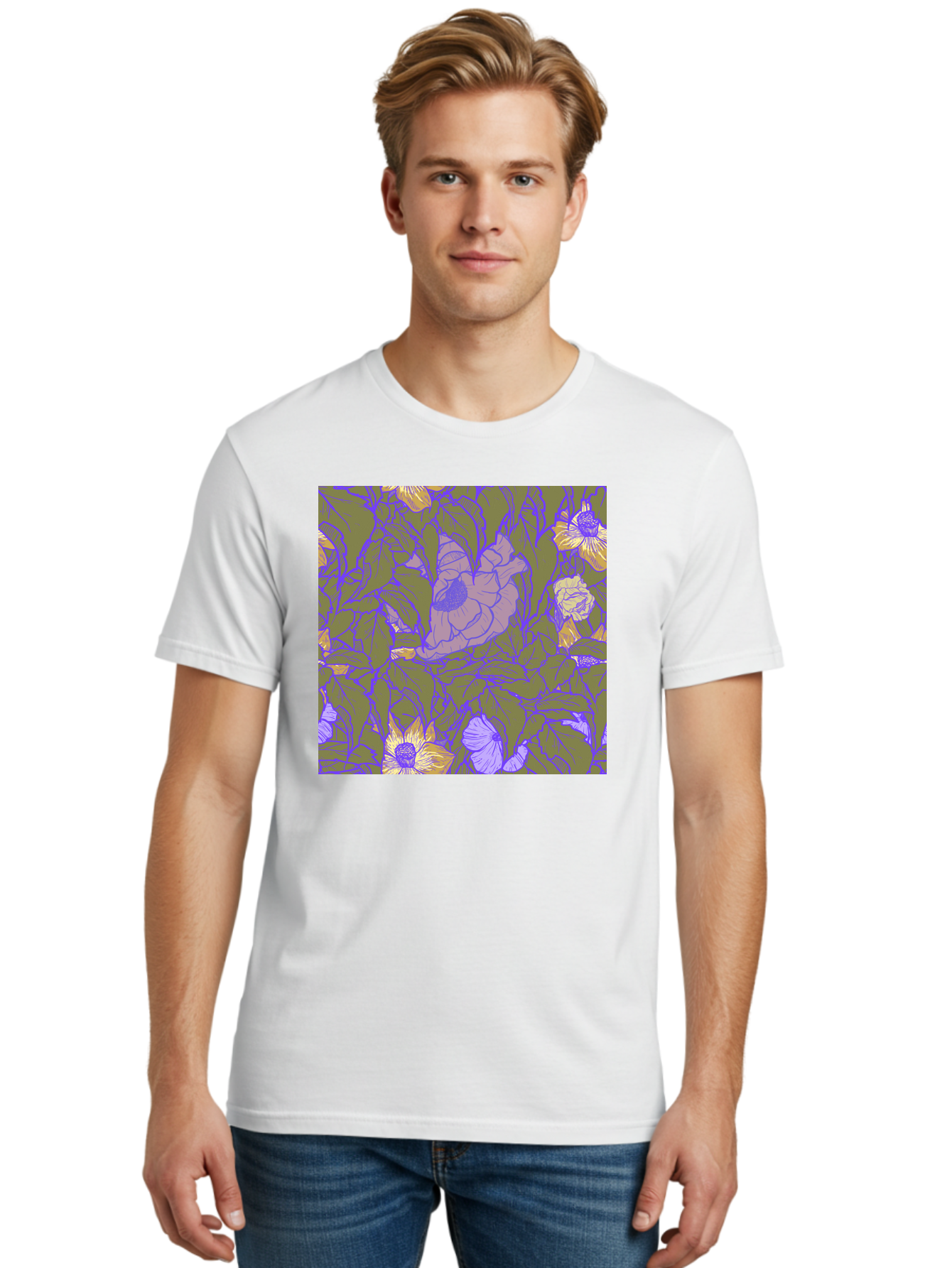 Floral-Pattern-1 Men'S Graphic Tee, 100% Cotton, Comfortable Casual Summer Wear, Machine Washable, Floral Pattern Design, Flower Arrangement, Pastel Colors, Yellow Flowers, Purple Outlines, Green Leaves, Artistic Illustration, Whimsical Decor, Aac391