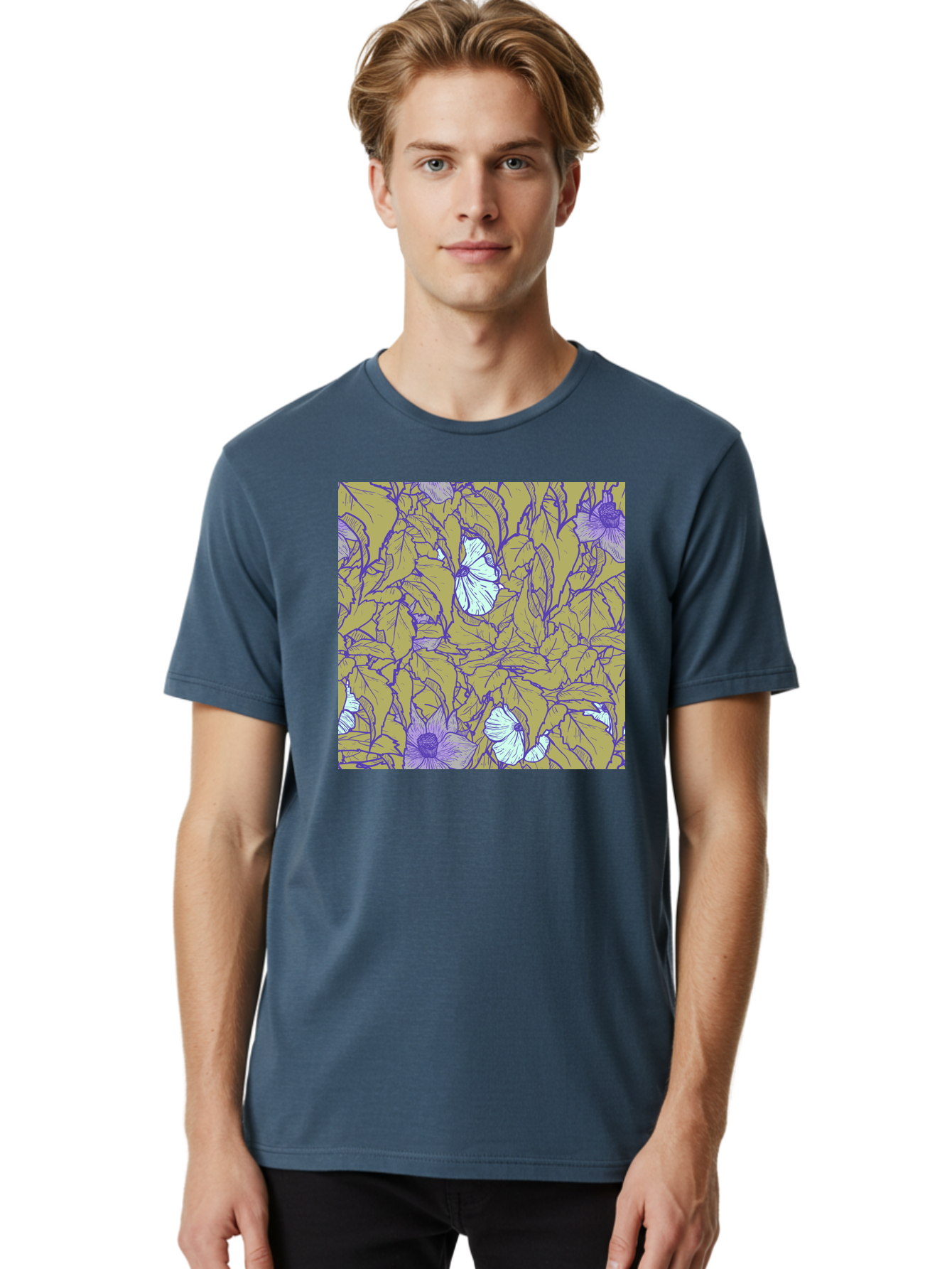 Floral-Pattern Men'S Graphic Tee, 100% Cotton, Comfortable Casual Summer Wear, Machine Washable, Floral Pattern, Purple Flowers, White Flowers, Yellow Leaves, Purple Outlines, Intricate Design, Nature-Inspired, Botanical Art, Aac392