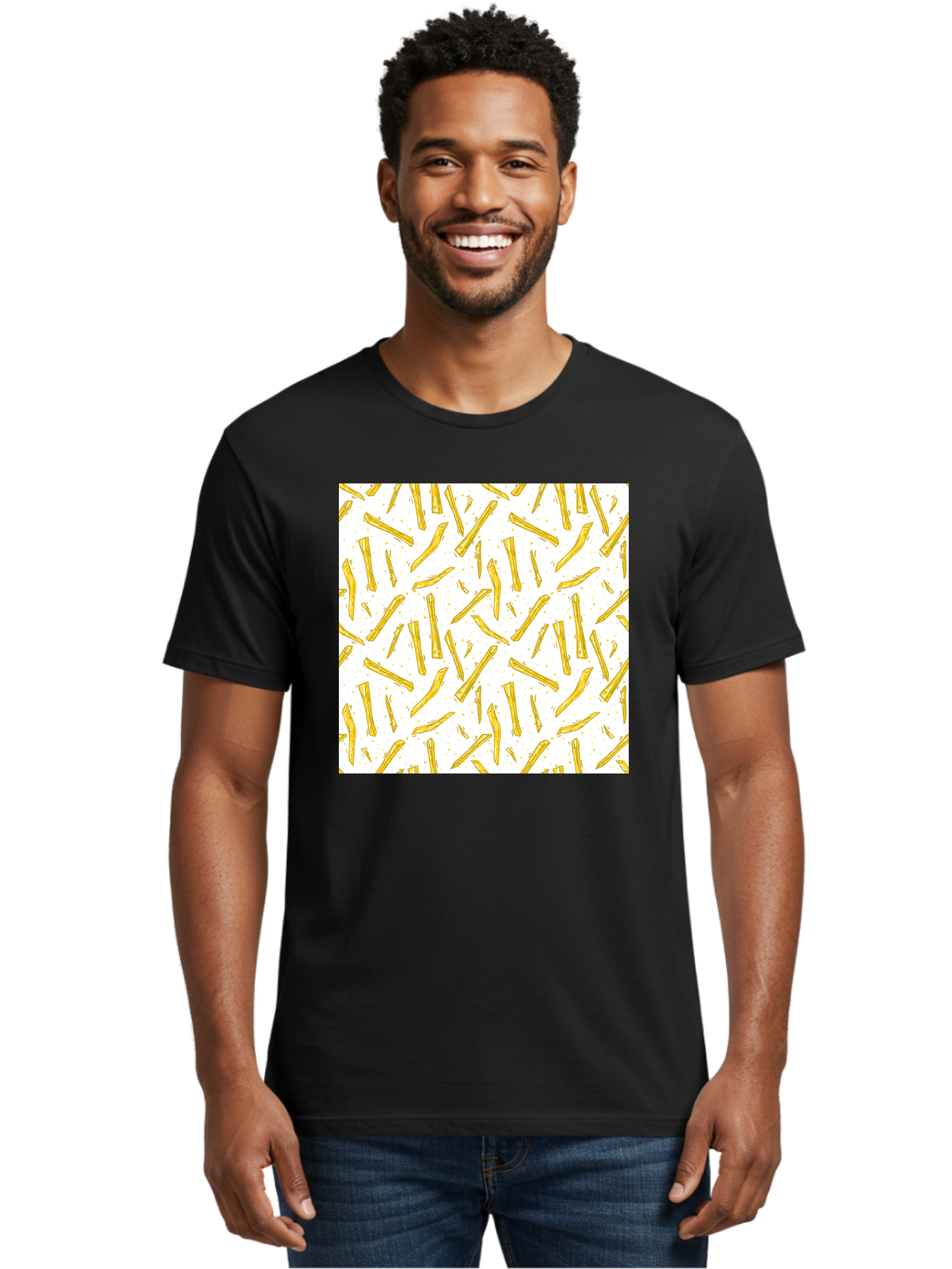 French-Fries-Pattern Men'S Graphic Tee, 100% Cotton, Comfortable Casual Summer Wear, Machine Washable, French Fries Pattern, Yellow Fries, White Background, Food Design, Snack Pattern, Restaurant Theme, Casual Dining, Appetizing Visuals, Aac393