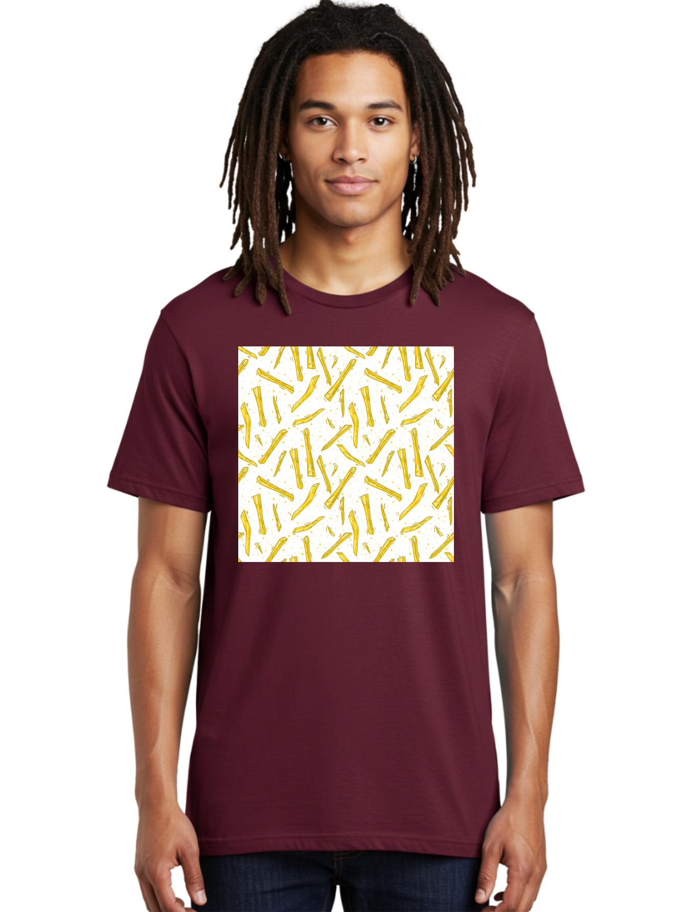 French-Fries-Pattern Men'S Graphic Tee, 100% Cotton, Comfortable Casual Summer Wear, Machine Washable, French Fries Pattern, Yellow Fries, White Background, Food Design, Snack Pattern, Restaurant Theme, Casual Dining, Appetizing Visuals, Aac393